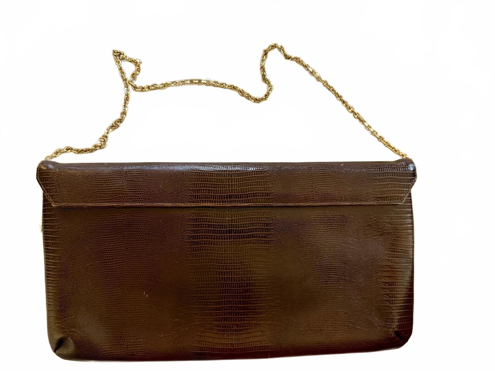 Unknown London Caprice Vintage Brown Lizard Skin Embossed Clutch Gold Strap Size ONE SIZE - 2 Thumbnail