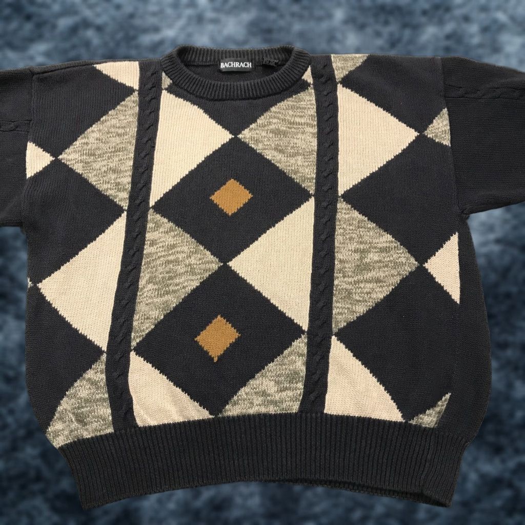 Vintage VINTAGE Bachrach Sweater Mens L Black Cotton Ramie Crewneck 90s Pullover Geometric Knit Logo 90s Mens L Sweater Size US L / EU 52-54 / 3 - 1 Thumbnail