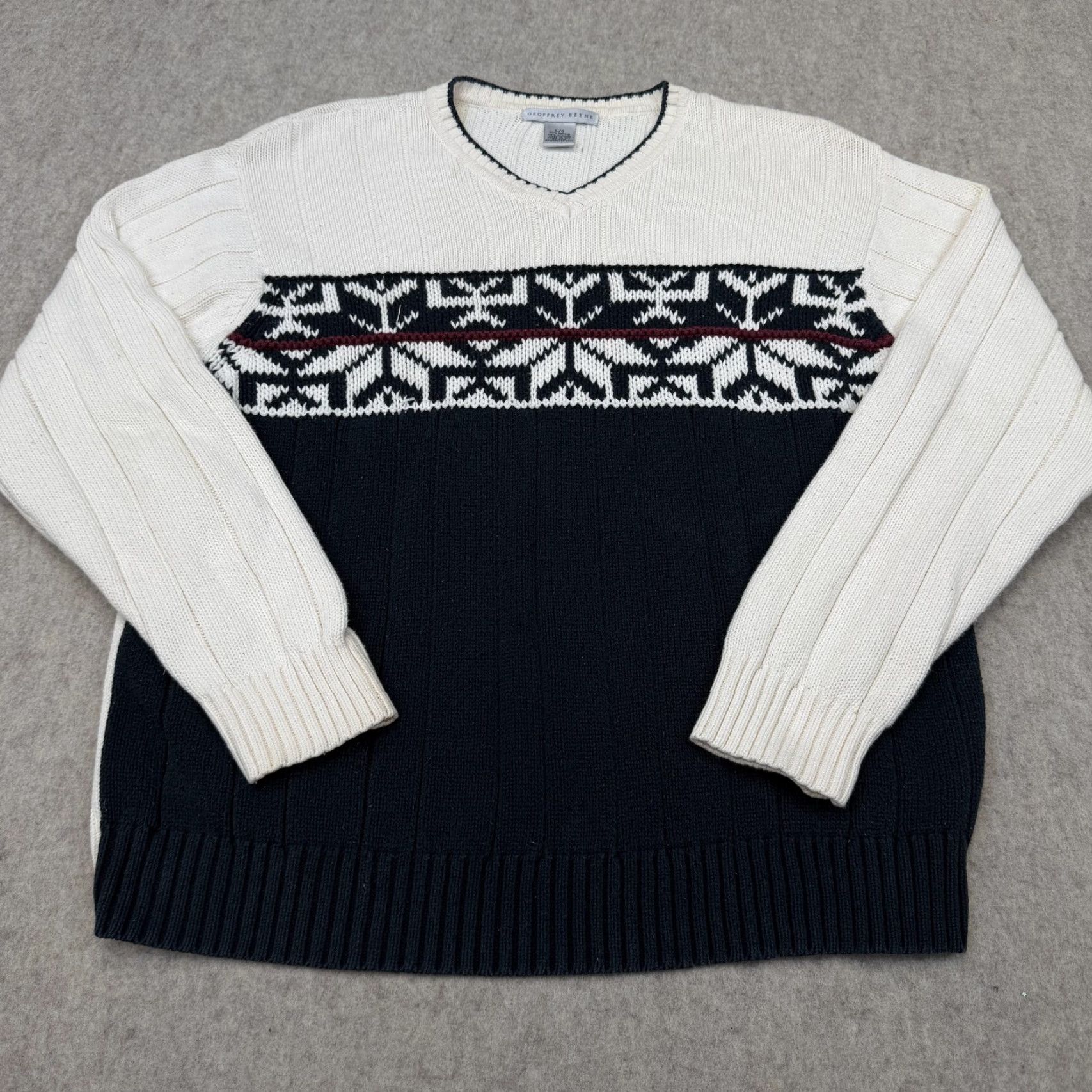 Geoffrey Beene VINTAGE Geoffrey Beene Sweater Mens Large White Navy Fair Isle Cotton V Neck Pullover Size US L / EU 52-54 / 3 - 2 Thumbnail
