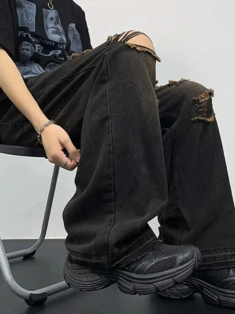 Japanese Brand Retro straight leg loose cut edge distressed jeans Size US 32 / EU 48 - 3 Thumbnail