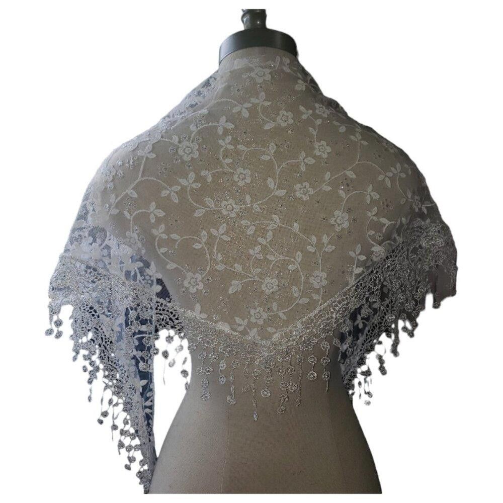 Designer CT1587 White Sheer Embroidered Handmade Shawl Size ONE SIZE - 4 Thumbnail