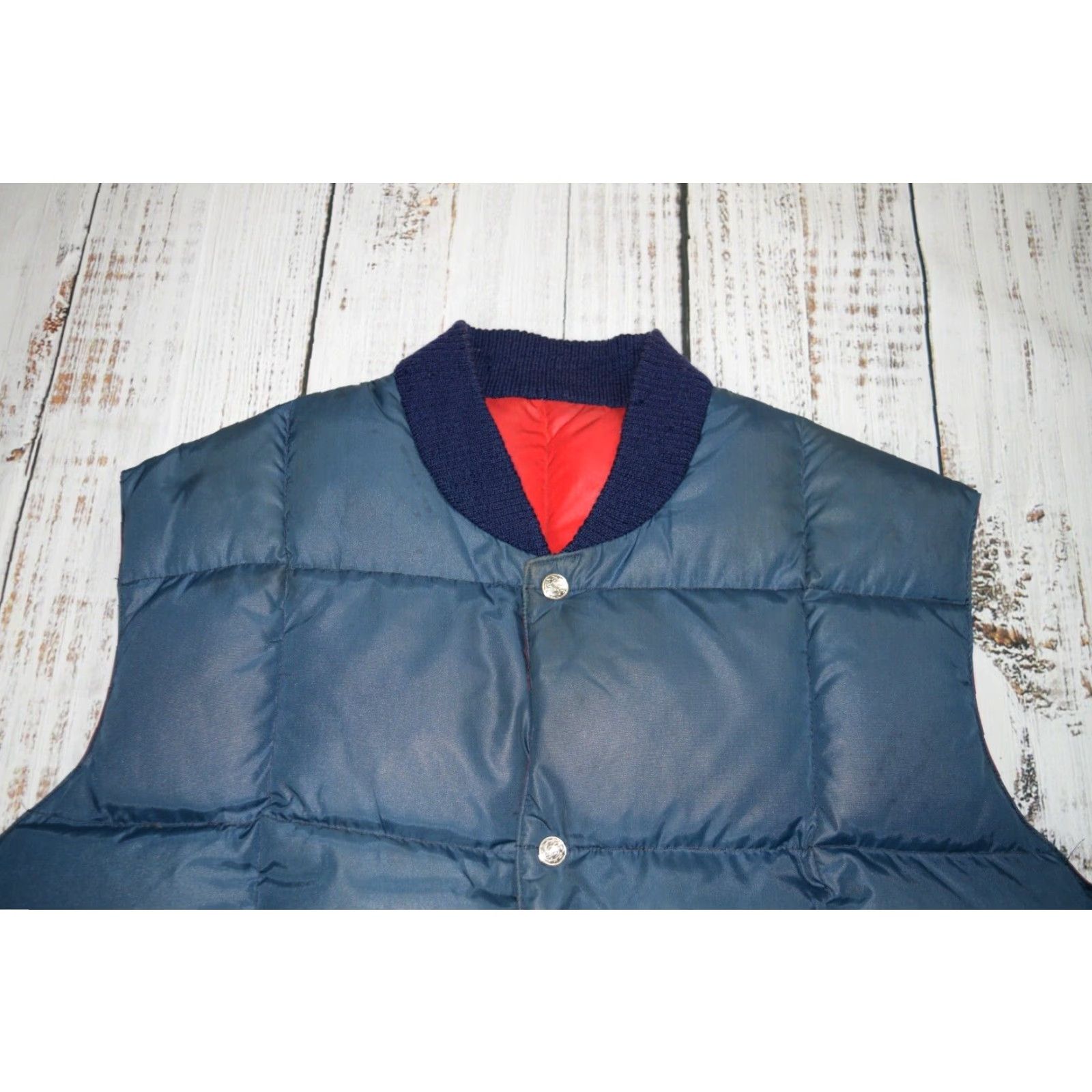 J Brand VINTAGE Swan Brand Reversible Down Puffer Vest Quilted Nylon Snap Up Men L Blue Red 1970s Hunting Gear Mens Vest Size US L / EU 52-54 / 3 - 2 Thumbnail