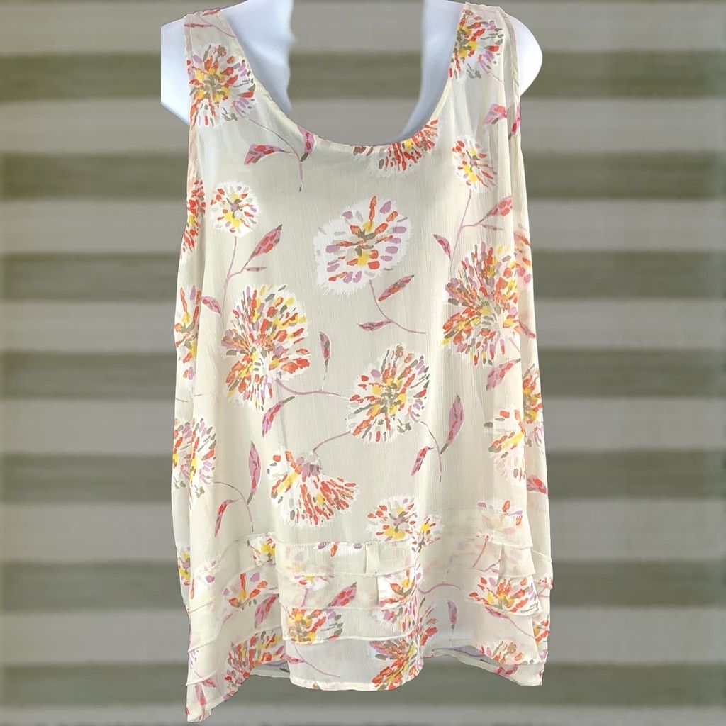 Old Navy Old Navy Sleeveless Tank Top XL Beige Floral Pleated Hem Chiffon Twinset Combo Shirt Women Size XL / US 12-14 / IT 48-50 - 1 Thumbnail