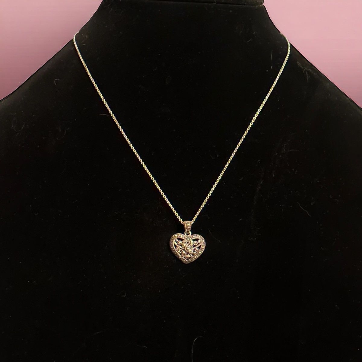 Vintage 925 Italy marcasite heart pendant necklace Size ONE SIZE - 1 Thumbnail
