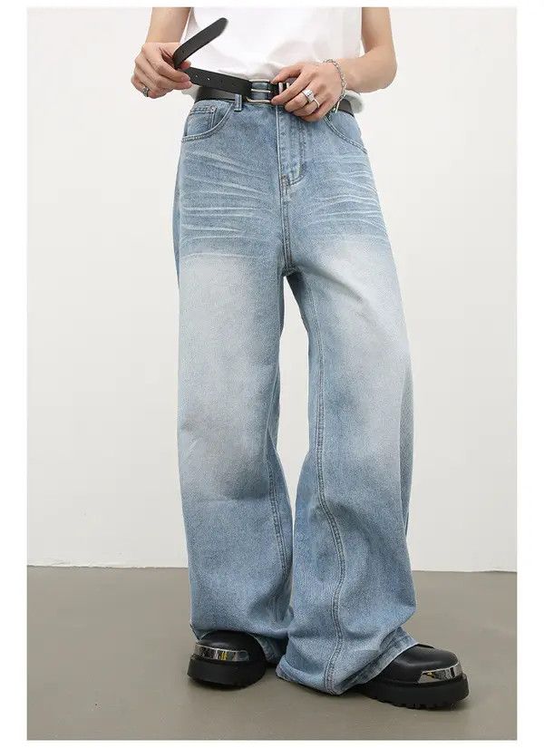 Japanese Brand light blue distressed washed straight jeans Size US 34 / EU 50 - 3 Thumbnail