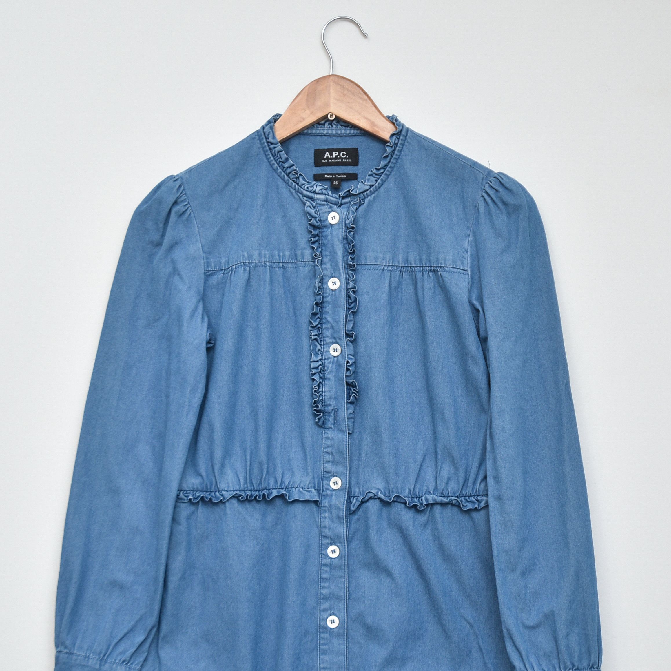 A.P.C. A.P.C. Hoshi Denim Shirt Dress Ruffle Collar Frill Detail Size S / US 4 / IT 40 - 3 Thumbnail