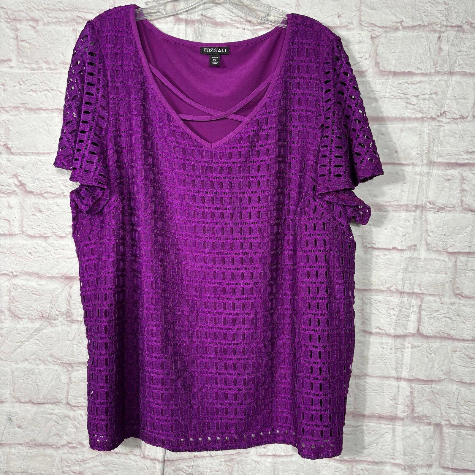 Other Roz & Ali Purple Crochet Short Sleeve Top Size 2X Size XXL / US 16-18 / IT 52-54 - 1 Thumbnail