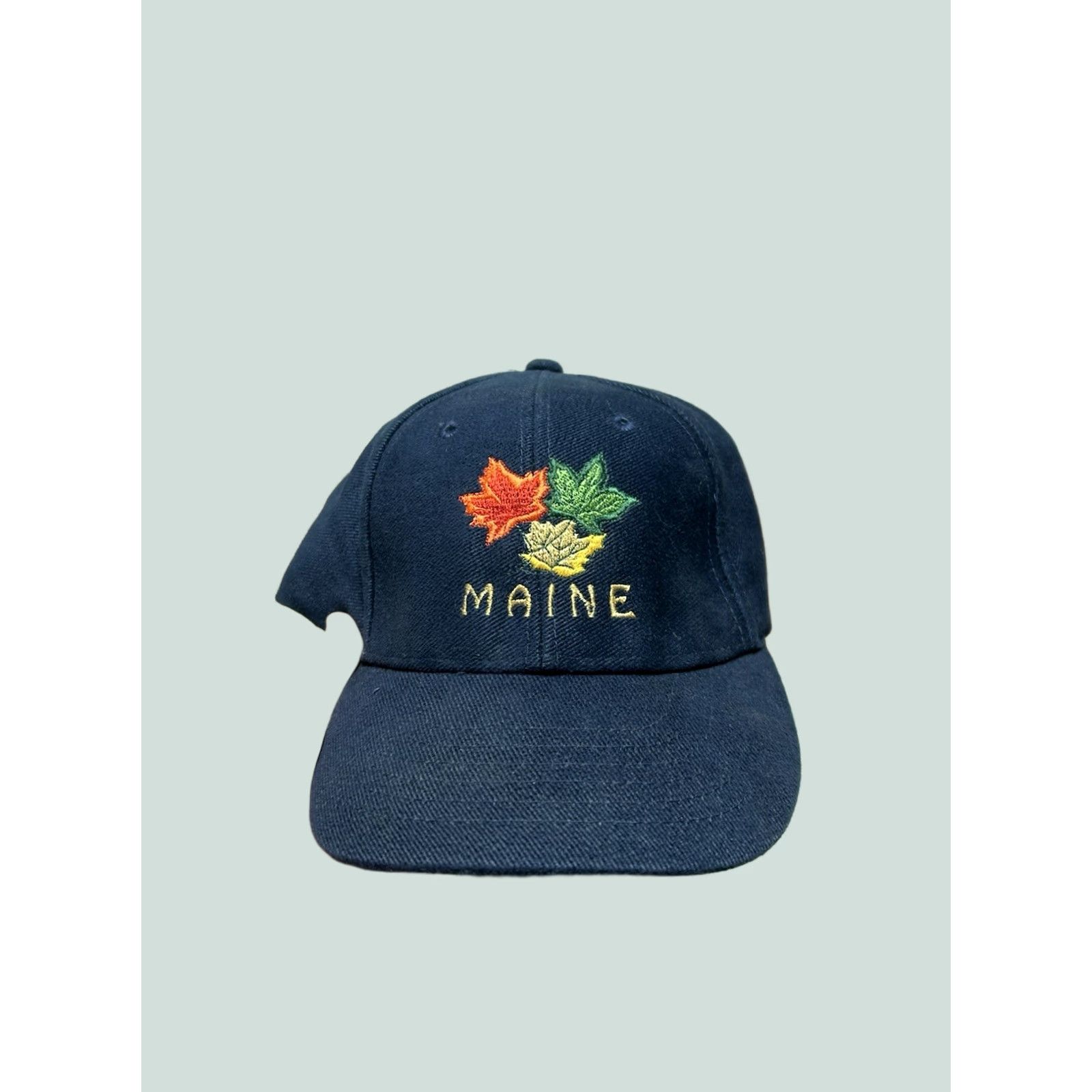 Vintage VINTAGE Baseball Hat Fitted Cap Maine Autumn Leaf Spell Out Logo Adult Large Blue Mens Size ONE SIZE - 1 Thumbnail