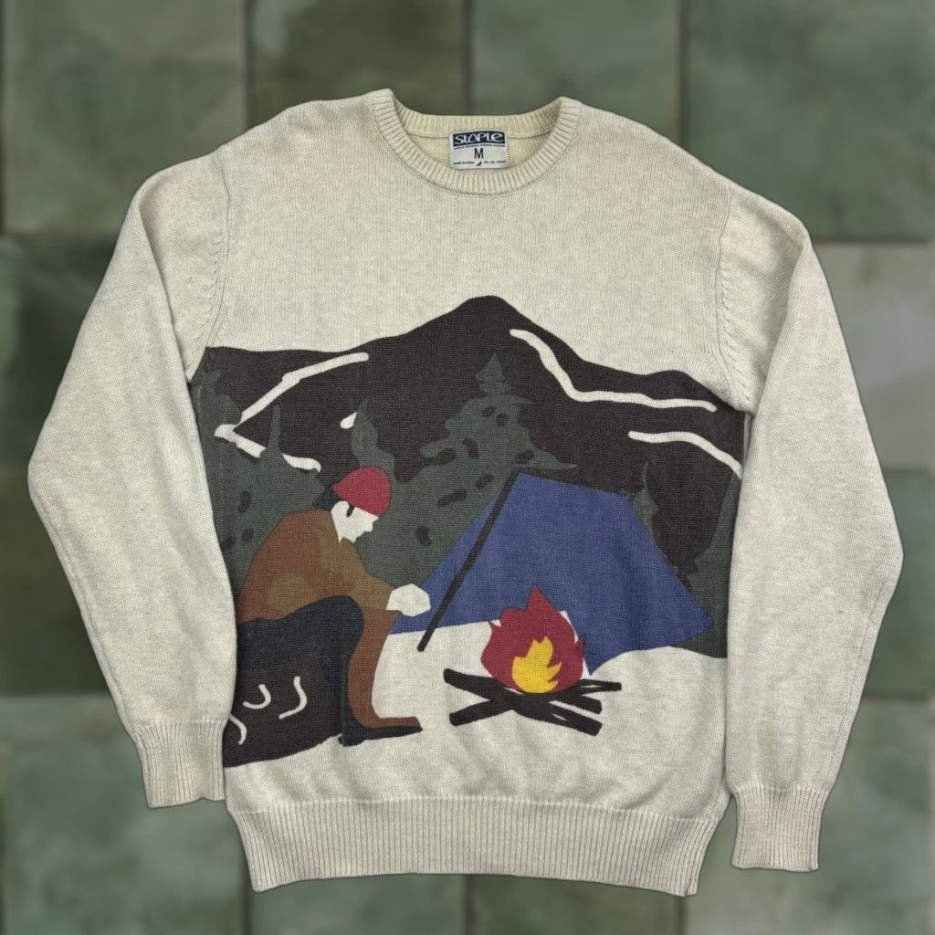 Staple Pigeon Camping Sweater Adult M All Over Print Campfire Mountains Mens Pullover Crew Neck Cotton Beige Long Sleeve Nature Camping