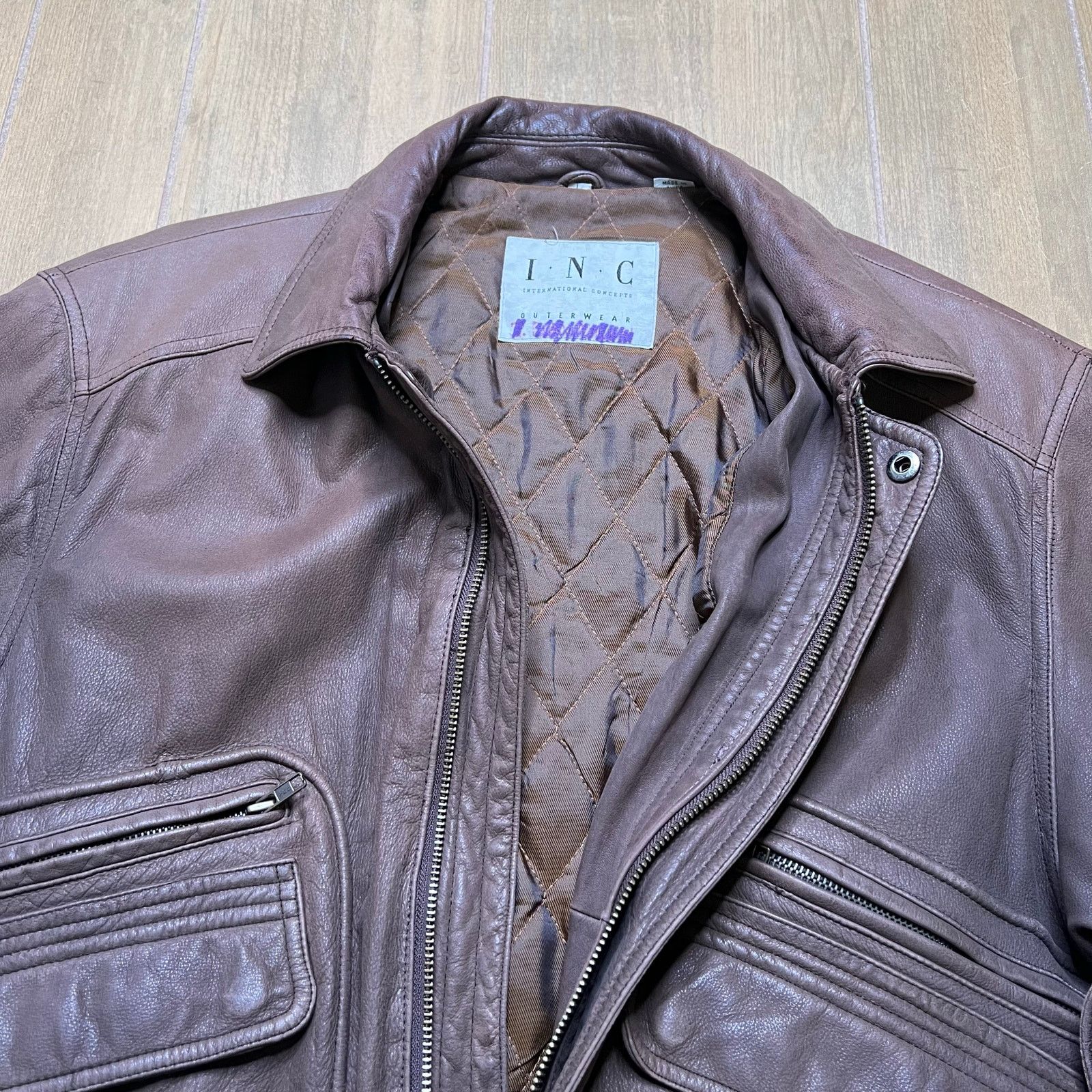 Vintage INC Leather Jacket Brown Zip Snap Front Quilted Lined Mens L Size US L / EU 52-54 / 3 - 14 Thumbnail