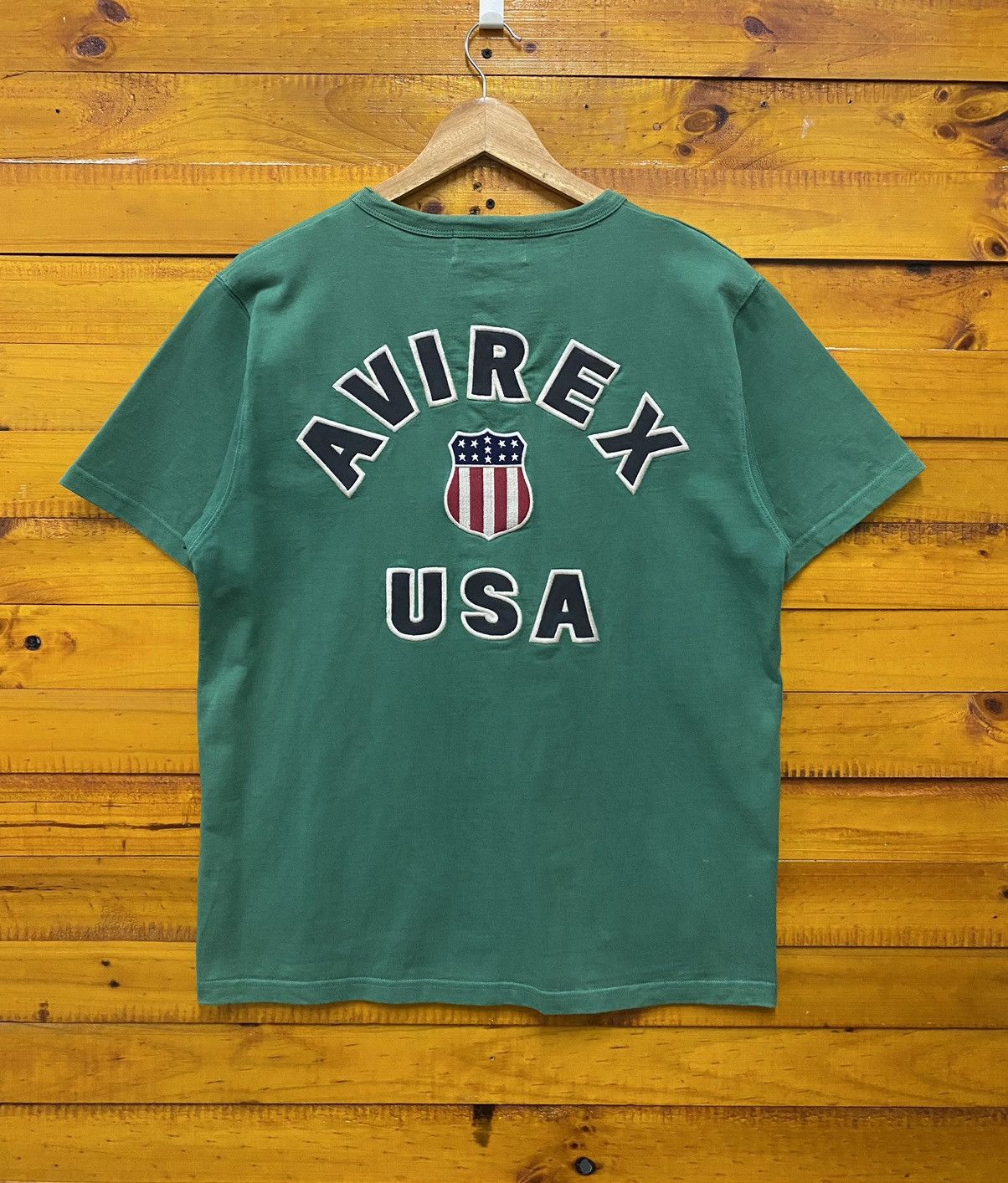 image of Avirex Raglan Shirt Big Logo Spell Out in Green, Men's (Size Medium)