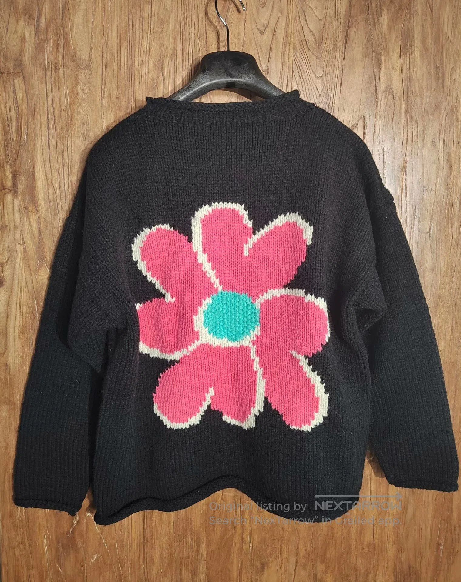 Japanese Brand Black Hand-Knitted Sweater with Pink Floral Design. Size L / US 10 / IT 46 - 6 Thumbnail