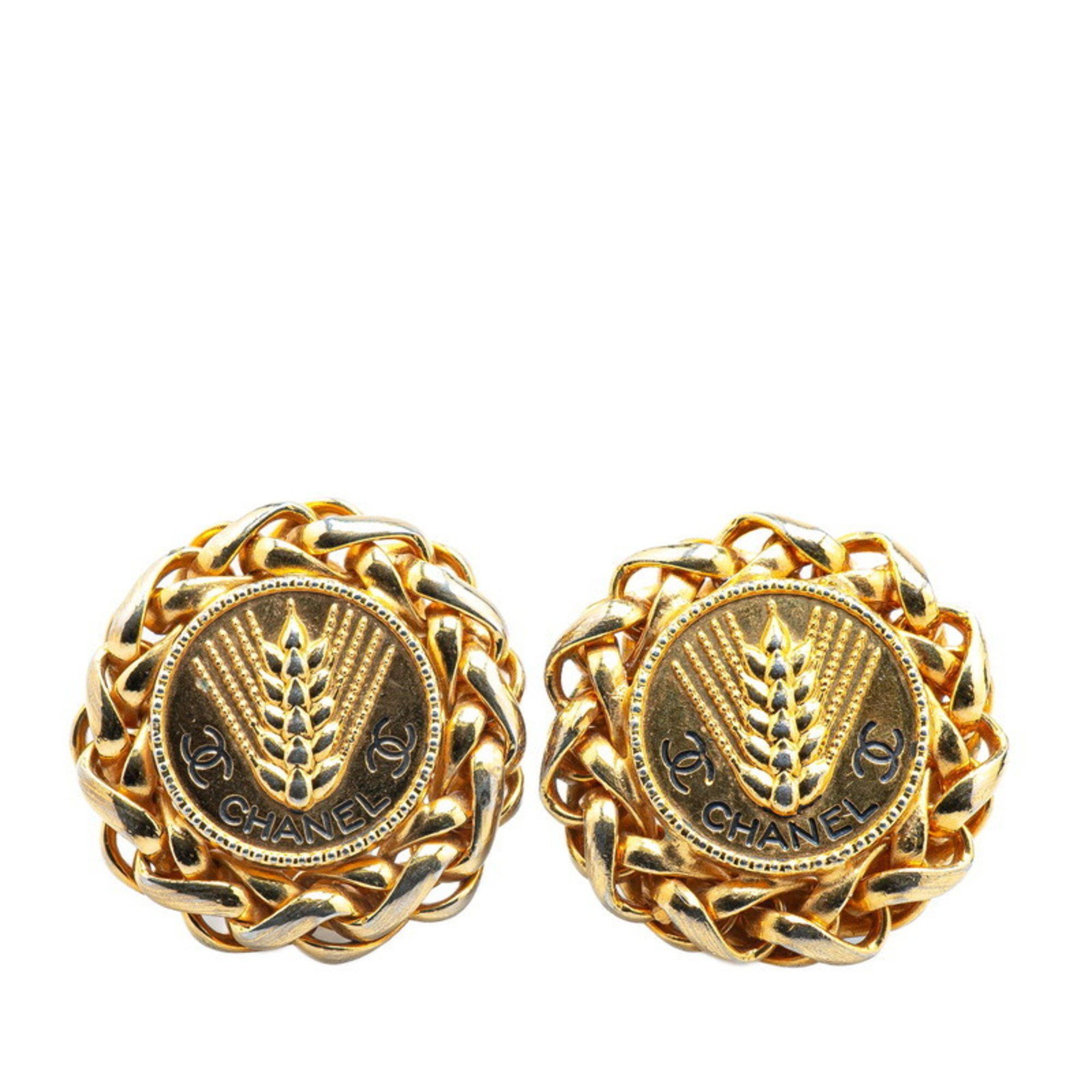 Chanel Coco Mark Earrings with Rice Motif Gold Plated Women's CHANEL