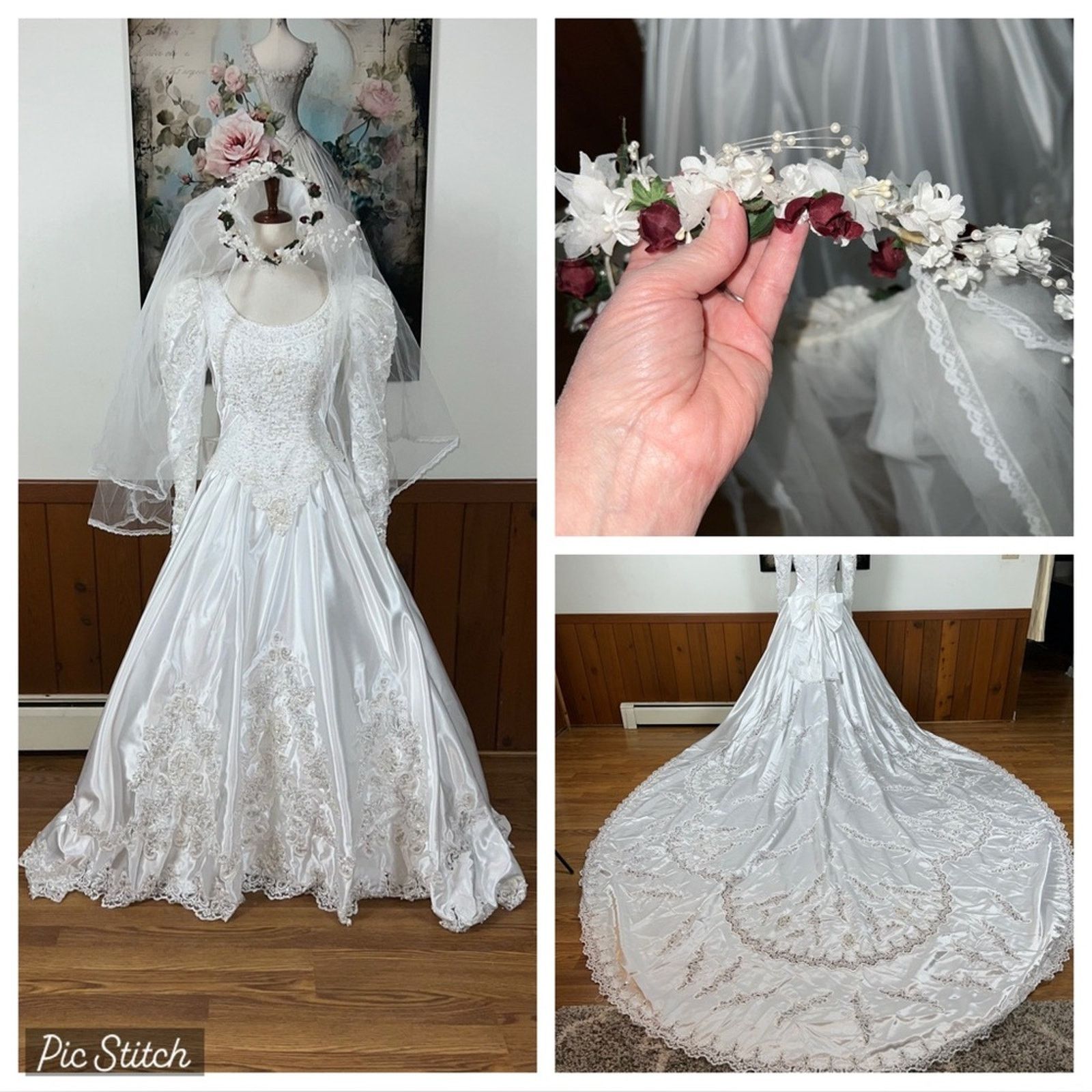 Other Vintage 90s Mori Lee Cathedral Length Wedding Gown & Veil! Size L / US 10 / IT 46 - 1 Thumbnail