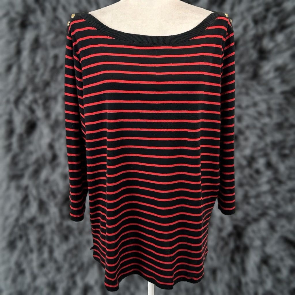 Ralph Lauren Lauren Ralph Lauren Boat Neck Shirt Sz 3X Plus Black Red Striped Gold Buttons Size XXL / US 16-18 / IT 52-54 - 1 Thumbnail