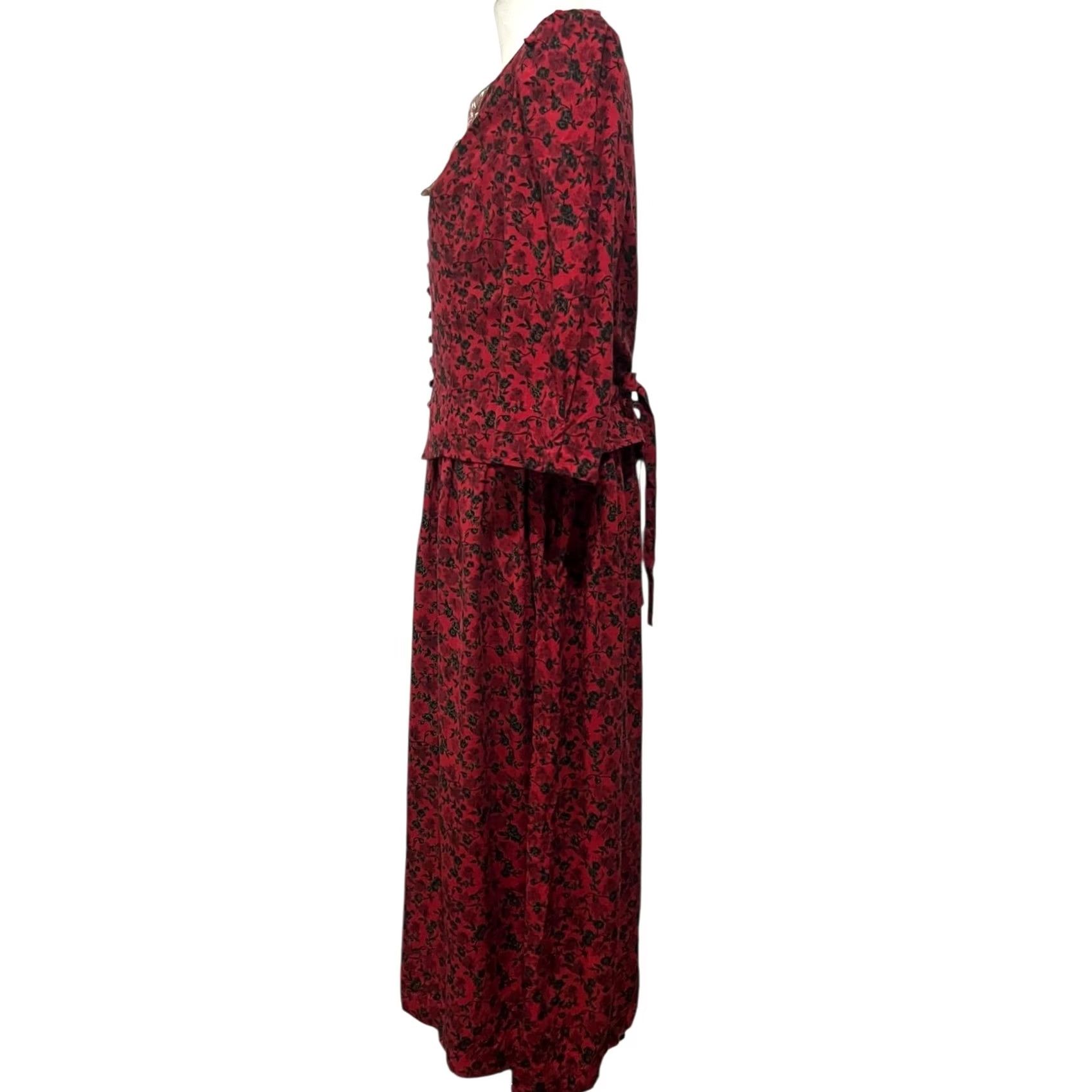 Vintage VINTAGE Sarah Richards Red Floral Dress Sz 18 Crochet Lace Pearly Buttons Long Women Size XXL / US 16-18 / IT 52-54 - 7 Thumbnail