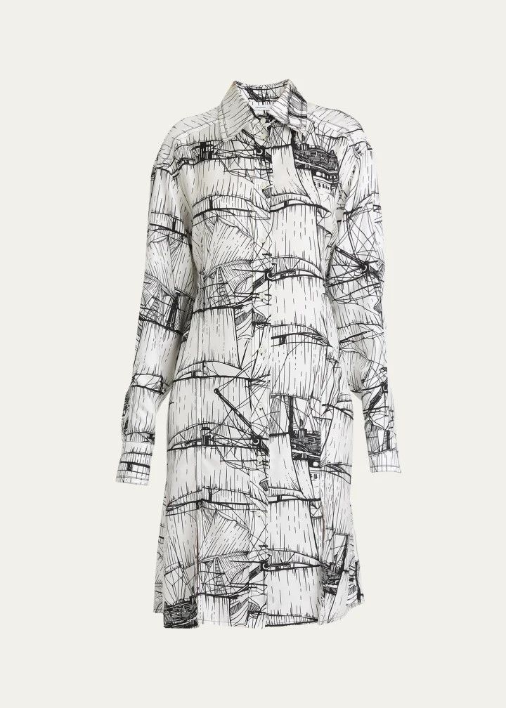 Salvatore Ferragamo o1s1rm0126 Nautical Printed Silk Shirtdress in White/Black Size M / US 6-8 / IT 42-44 - 1 Thumbnail