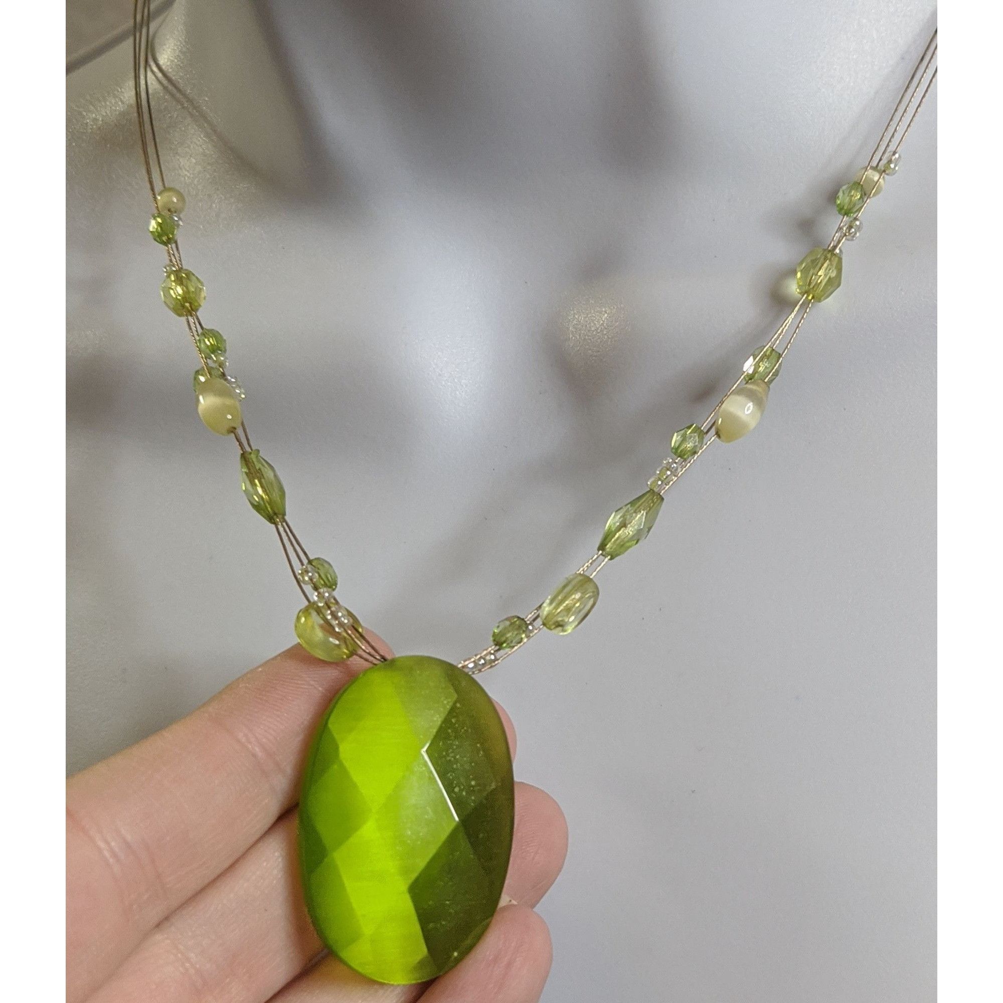 Other Mystical Green Faceted Oval Pendant Necklace With Beaded Str Size ONE SIZE - 1 Thumbnail