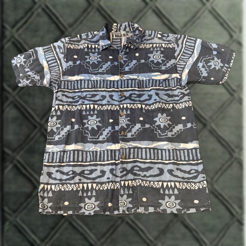 Bugle Boy VINTAGE Bugle Boy Hawaiian Shirt Blue White Tribal Print Button-Up Short Sleeve L Mens Size US L / EU 52-54 / 3 - 1 Thumbnail