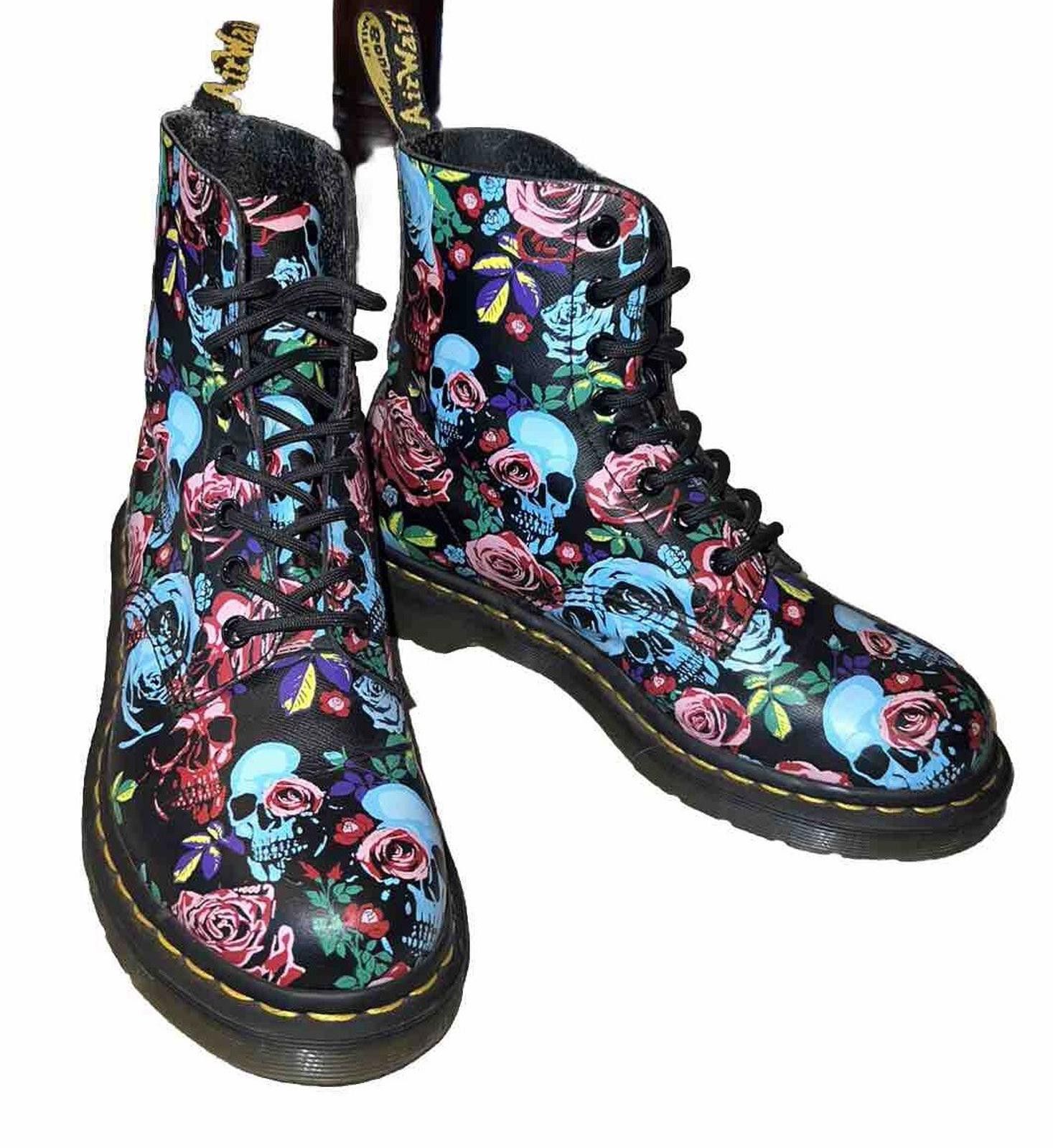 Dr. Martens Dr. Martens 1460 Boots Sz 7 EU 38 Black With Skulls & Roses Size US 7 / IT 37 - 2 Thumbnail