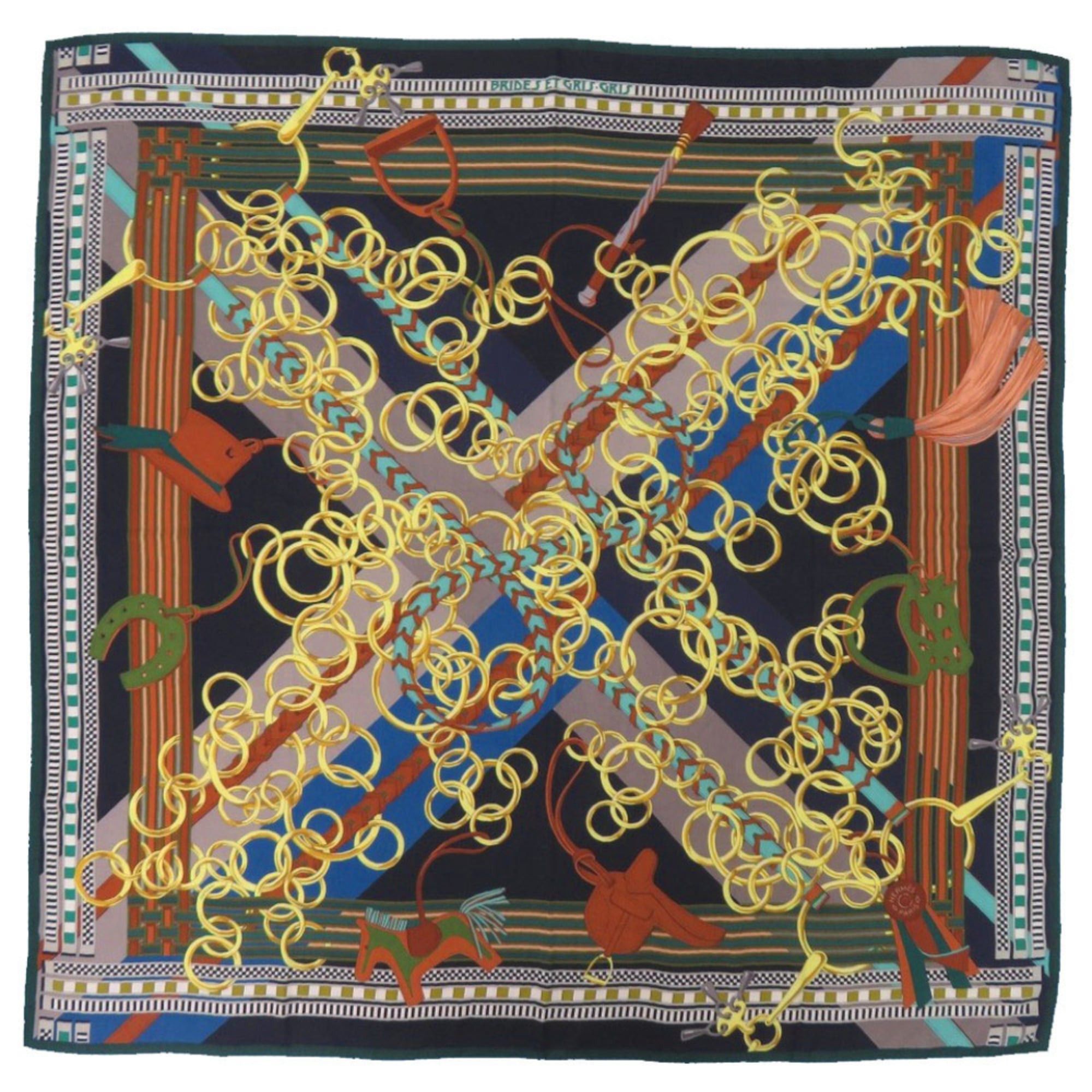 Hermes Excellent condition Hermes Carre 140 Brides et Gris-Gris scarf/muffler, silk, green, black, and yellow. 1735HERMES Size ONE SIZE - 1 Thumbnail