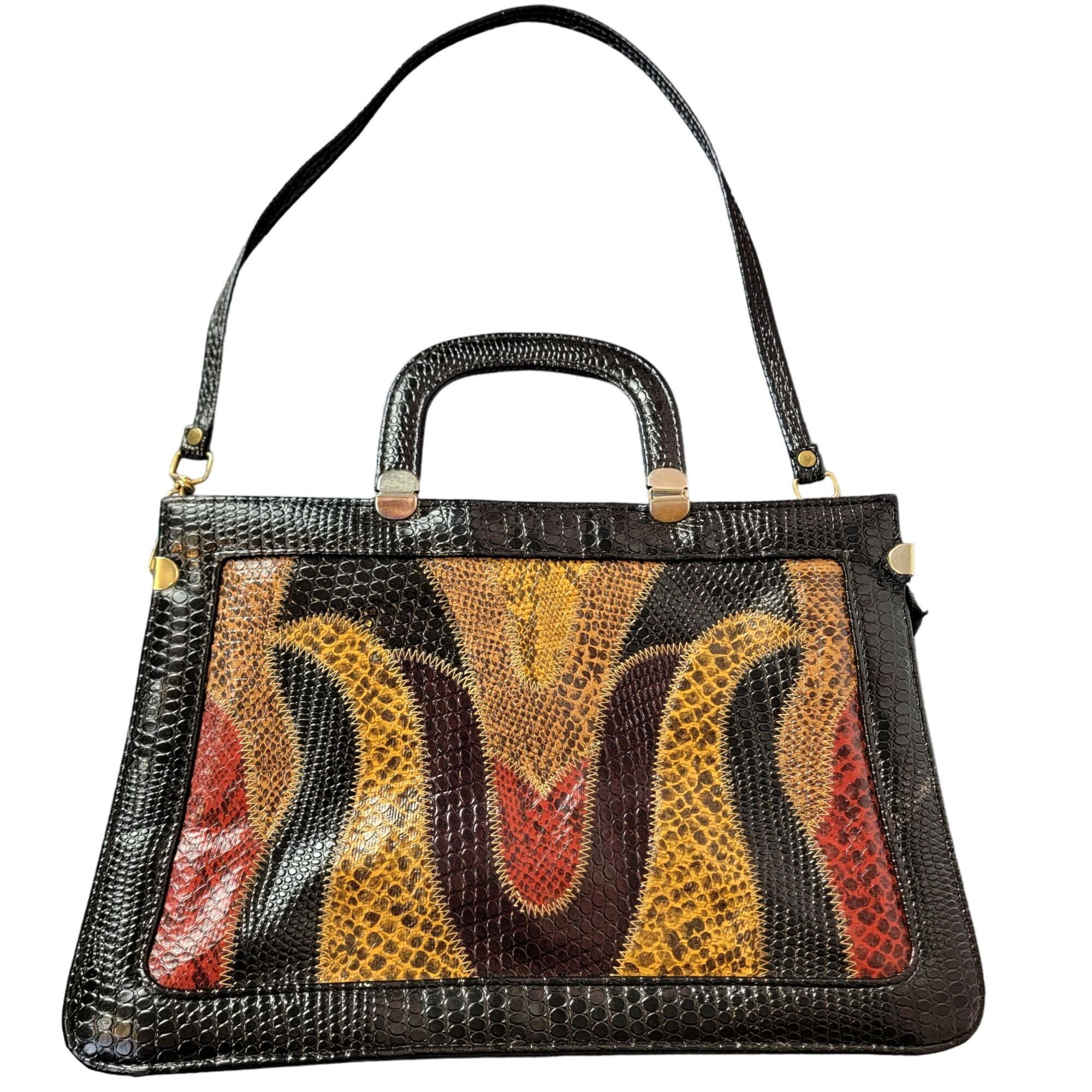 Vintage 80's Leather Satchel Bag Handle Large Purse Handbag W in Black, Women's