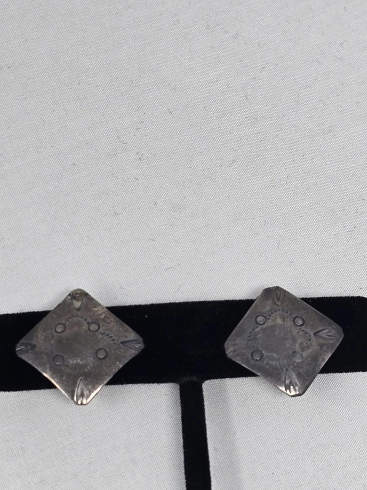 LC Sterling Silver Stamped Diamond Clip Earrings