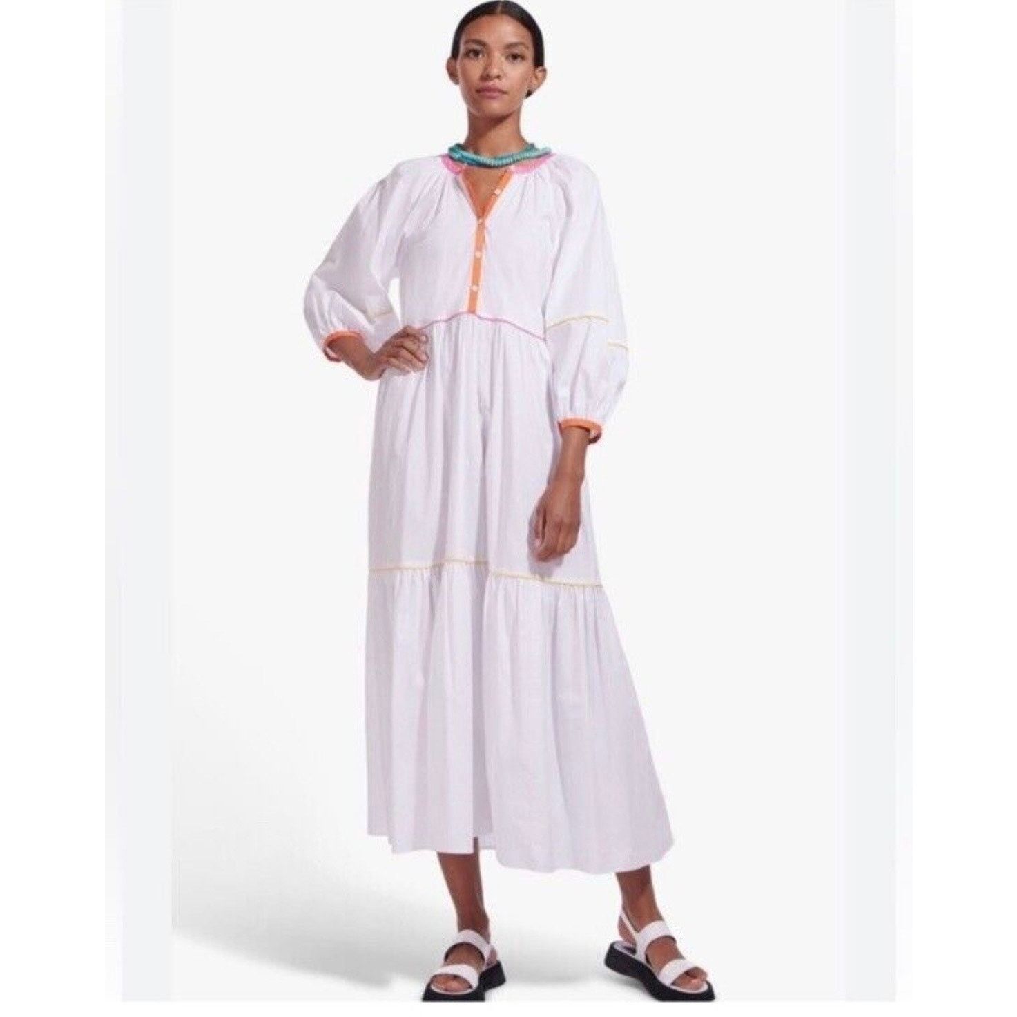 Staud STAUD Demi Dress Large White Poplin Rainbow Tiered Maxi Line Size L / US 10 / IT 46 - 1 Thumbnail