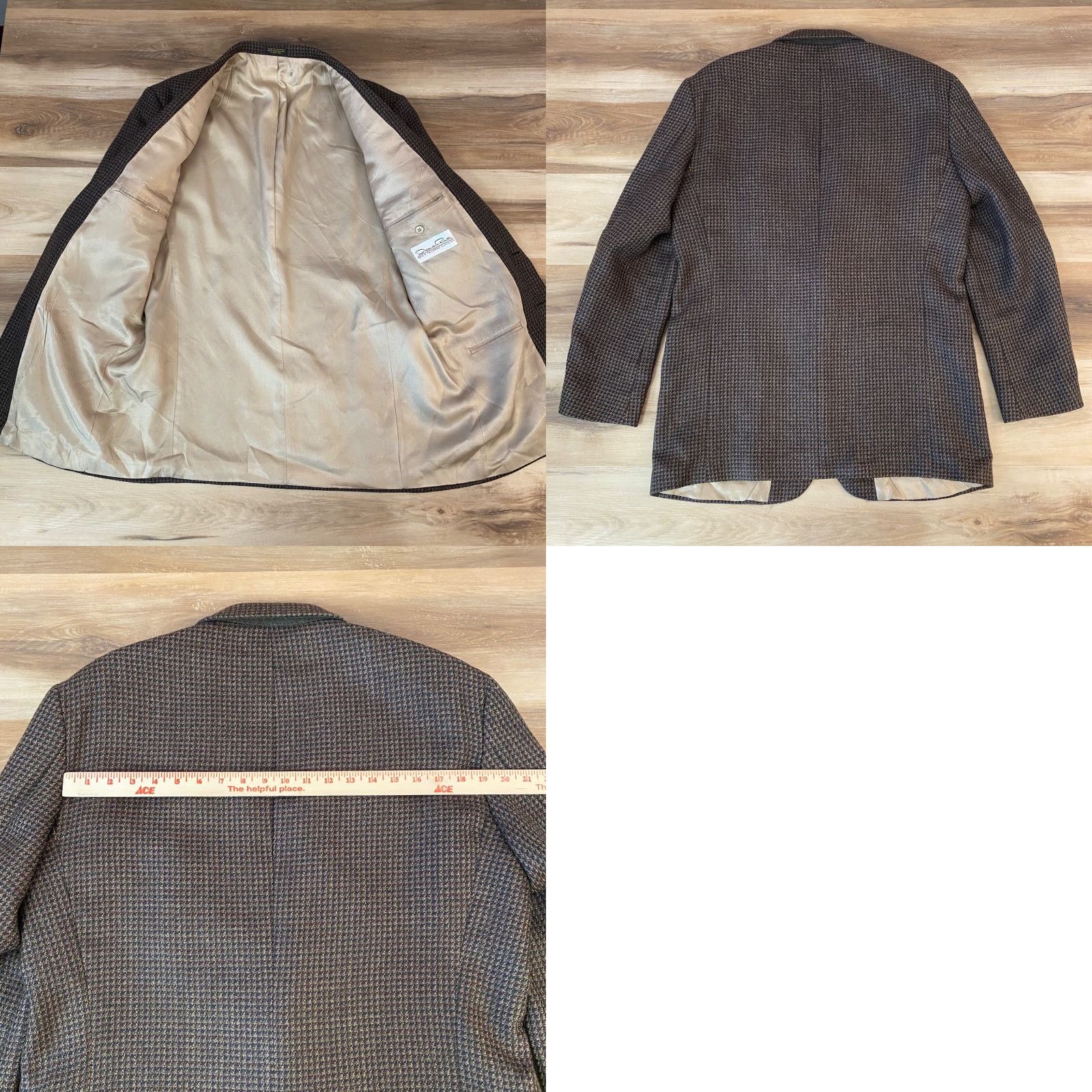 Oscar De La Renta Oscar de la Renta Blazer Mens 42L Wool Tweed Houndstooth Brown 2 Button Jacket Size 42R - 9 Thumbnail