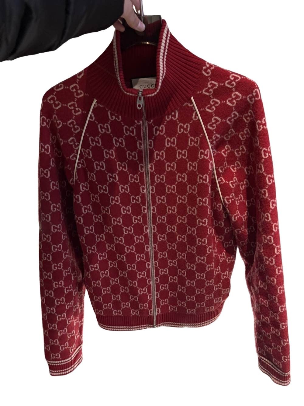 Gucci Gg Logo Jacquard Wool Zip-Up Jacket Size M in Red, Men's