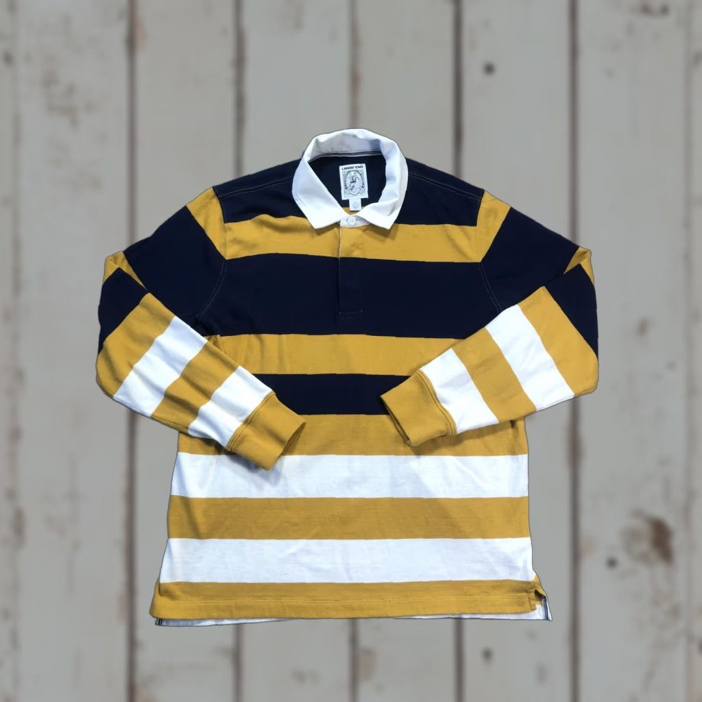 Lands' End Lands' End Polo Shirt Mens L Multicolor Striped Rugby Long Sleeve Yellow Navy White Pattern Button Collar Casual Size US L / EU 52-54 / 3 - 1 Thumbnail