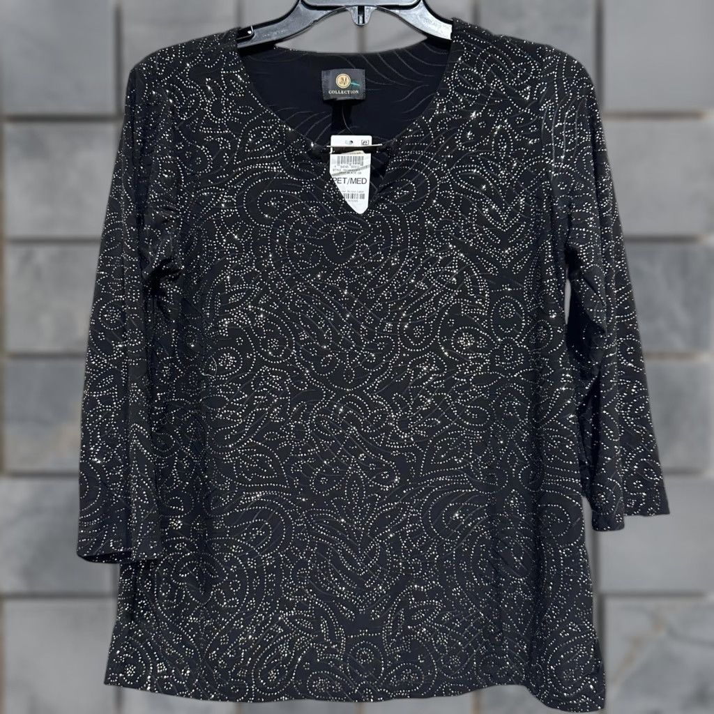 JM Collection VINTAGE JM Collection Tunic Blouse Women Petites M 3/4 Sleeve Black Paisley Shimmer Holiday Festival Party Womens Size M / US 6-8 / IT 42-44 - 1 Thumbnail