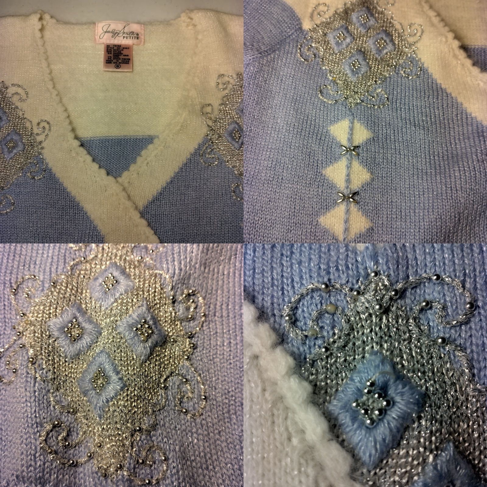 Vintage VINTAGE Jaclyn Smith Petite Sweater Poof Shoulder Blue White Silver Beaded Acrylic Angora Wool Beads Pullover 80s Women PS XS/S Size S / US 4 / IT 40 - 10 Thumbnail