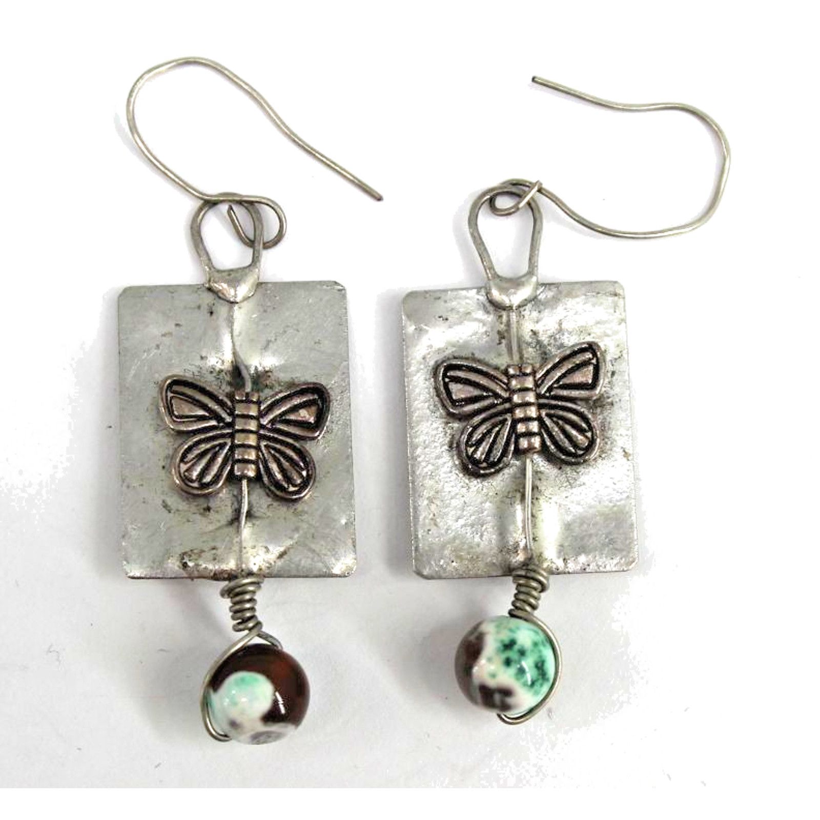 Other Handcrafted Butterfly Earring Art Glass Bead SilverTone 2.5" Size ONE SIZE - 1 Thumbnail