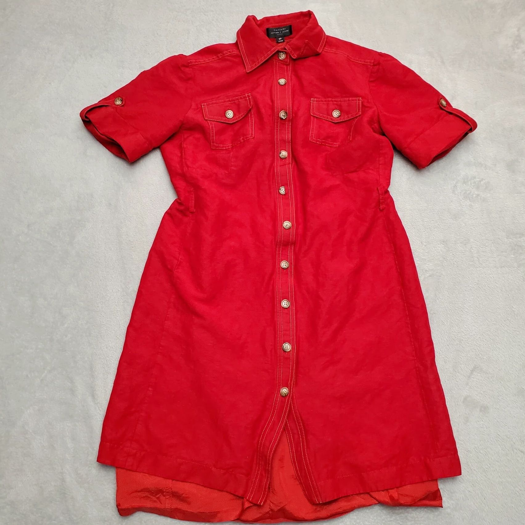 Vintage VINTAGE Tahari Top Womens 6P Red Linen Blend Short Sleeve Shirt Dress Casual Button-Up Size M / US 6-8 / IT 42-44 - 2 Thumbnail