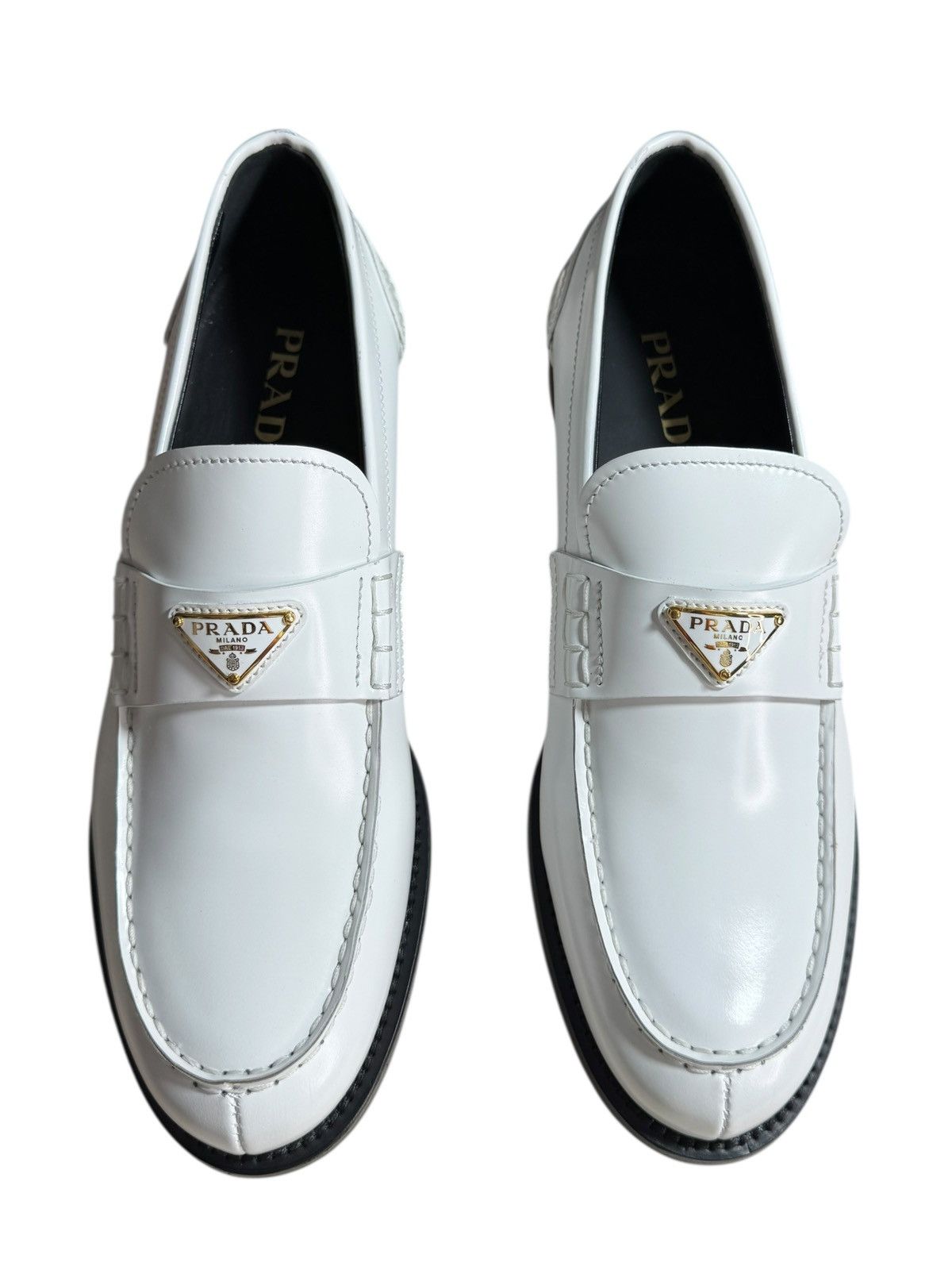 Prada white leather loafers with gold logo, size 41