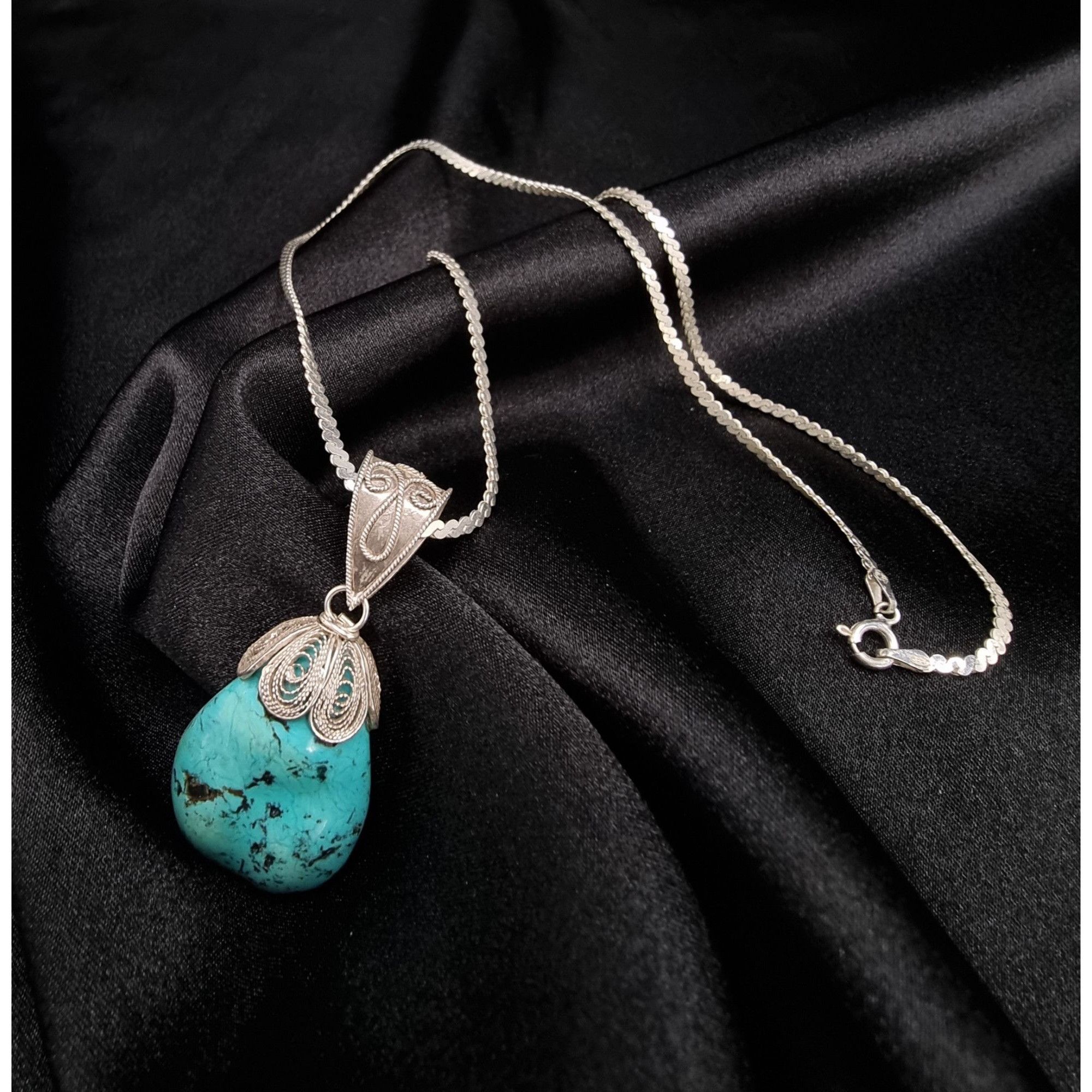 Vintage Genuine Turquoise Pendant Necklace China Signed 925 Sterling Size ONE SIZE - 2 Thumbnail