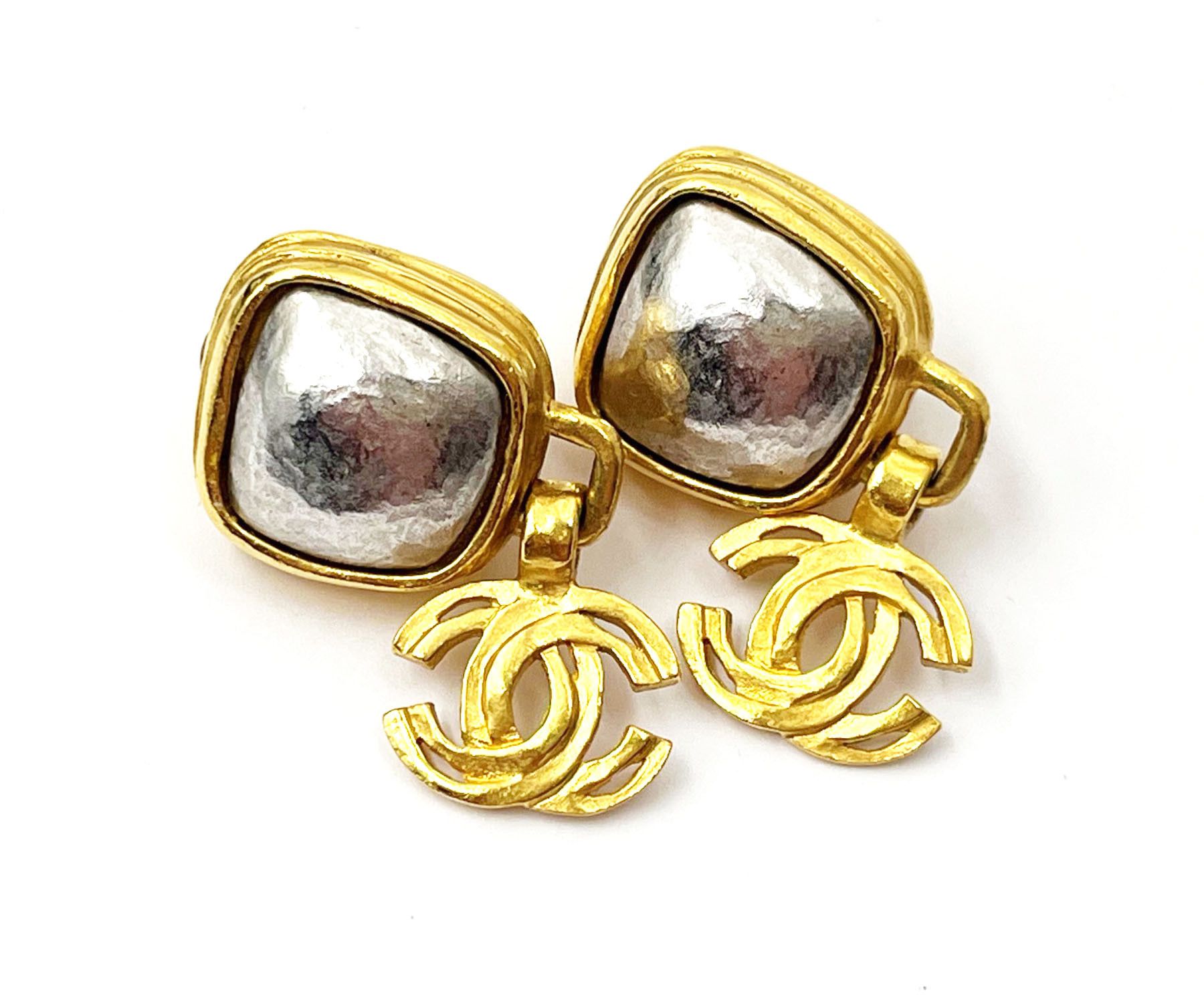 Chanel Gold Plated Square Silver Stone CC Clip on Earrings