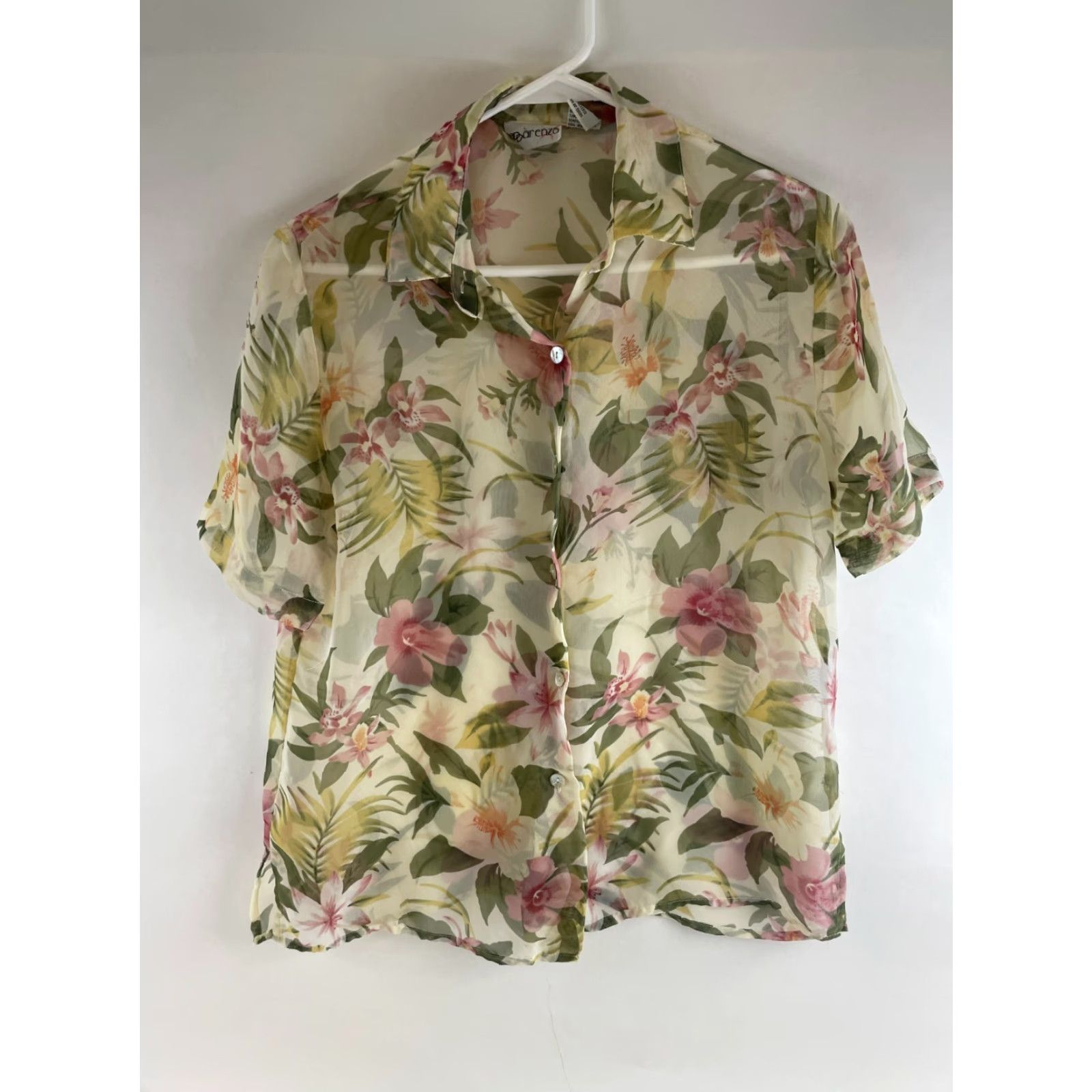 Vintage Apparenza Shirt Women's Small Cream Tropical Floral Button-Up Semi-Sheer Size S / US 4 / IT 40 - 2 Thumbnail