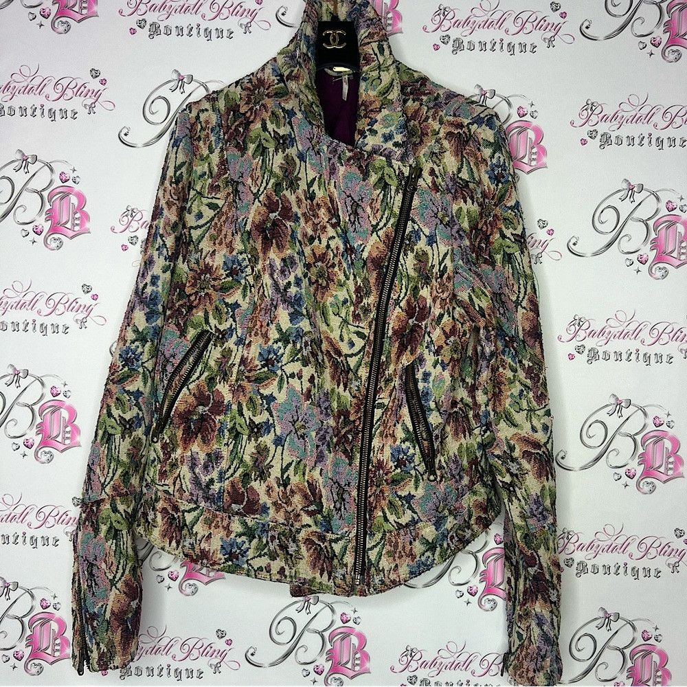 image of Free People Multicolor Floral Tapestry Moto Jacket Long Sle in Cream, Women's (Size XL)