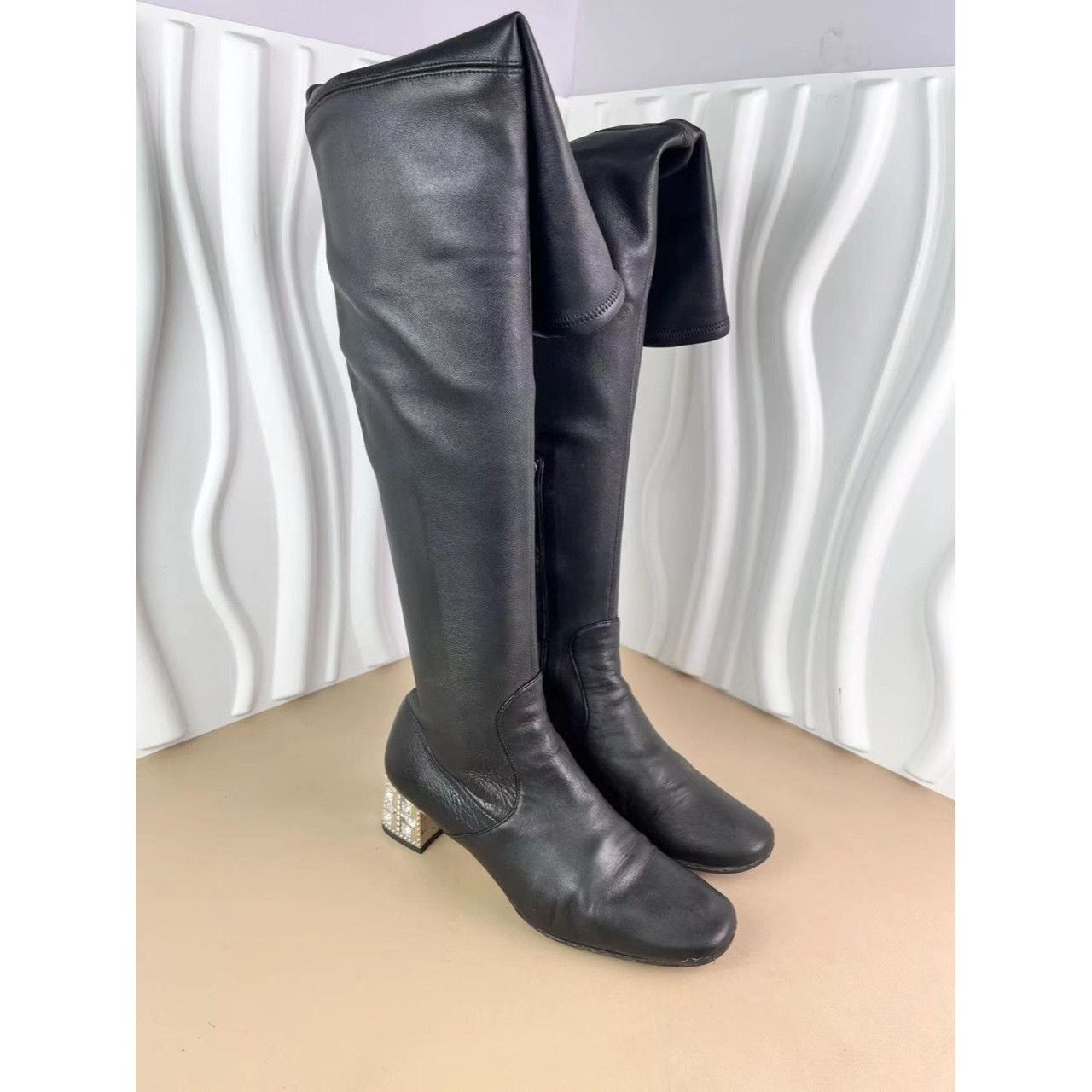 Miu Miu Miu Miu Womens Black Leather Thigh-High Boots With Crystal H Size US 6 / IT 36 - 7 Thumbnail