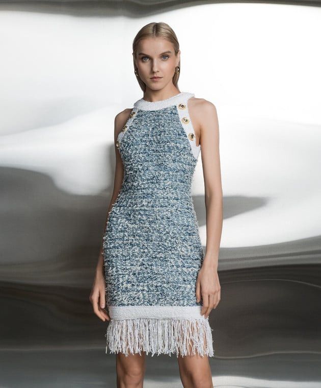 Balmain o1s1wg110825 Tweed Dress With Linen in Blue/White Size M / US 6-8 / IT 42-44 - 3 Thumbnail