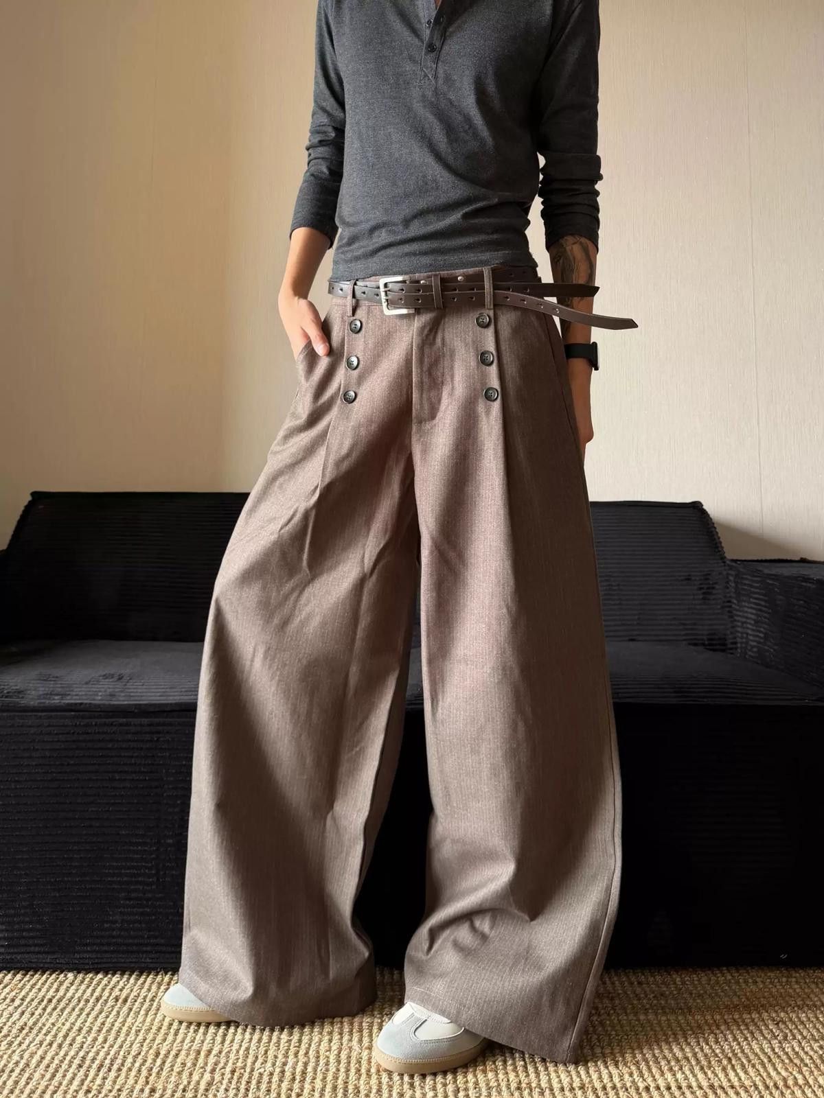 Other Brown Wide Leg High Waist Pants, Button Detail Trousers Size US 28 / EU 44 - 2 Thumbnail