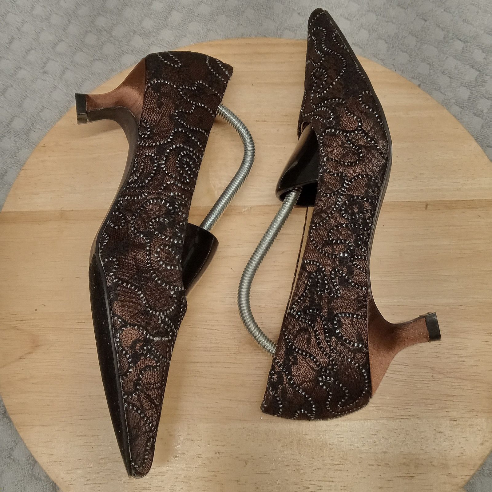 & Other Stories Vintage EY Couture Pump Heels 7.5M Brown Lace Size US 7.5 / IT 37.5 - 5 Thumbnail