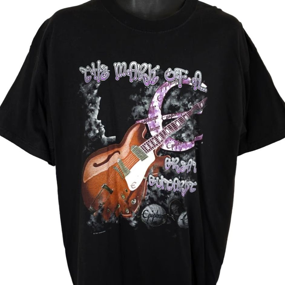 Gildan VINTAGE Epiphone Guitars T Shirt Mens XL Black 90s Musician Guitarist Music Mens XL Black Rock Concert Gildan T-Shirt Size US XL / EU 56 / 4 - 2 Thumbnail
