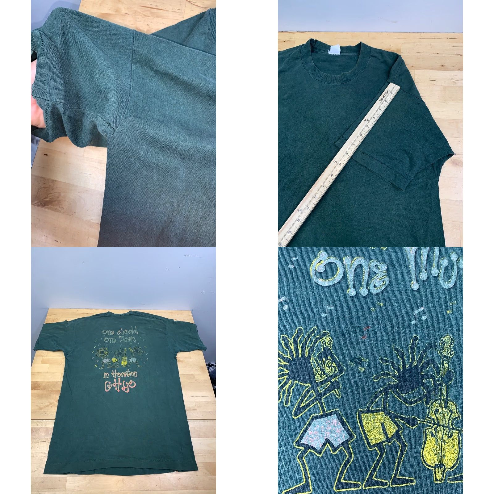 Fruit Of The Loom VINTAGE Fruit of the Loom Shirt Mens L Green 90s Music Houston Texas One World One Music 12533 Size US L / EU 52-54 / 3 - 8 Thumbnail