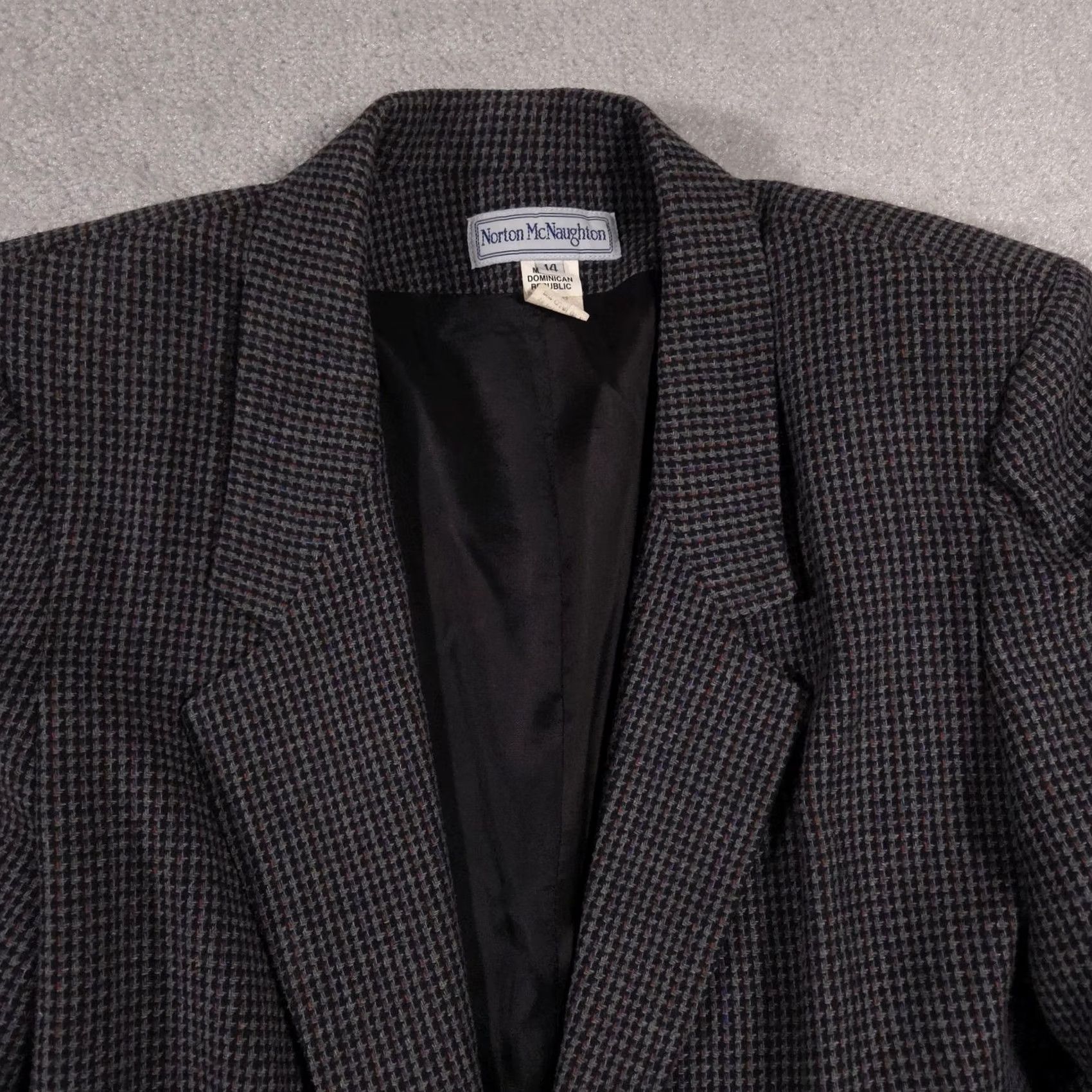 Vintage Norton McNaughton Blazer Womens 14 Medium Wool Blend Houndstooth Jacket Gray Classic Business Women Size XL / US 12-14 / IT 48-50 - 3 Thumbnail