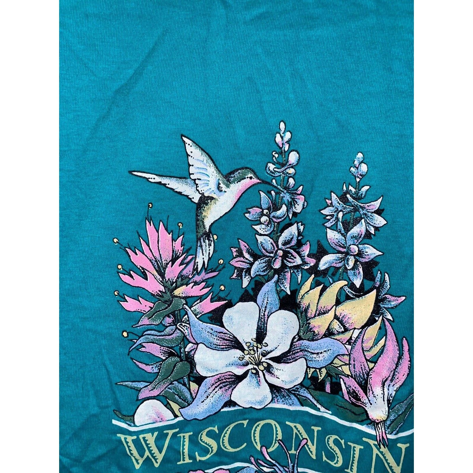Jerzees Vintage Wisconsin Flower Shirt Teal Tee VTG 90s 1998 Large Size US XL / EU 56 / 4 - 3 Thumbnail