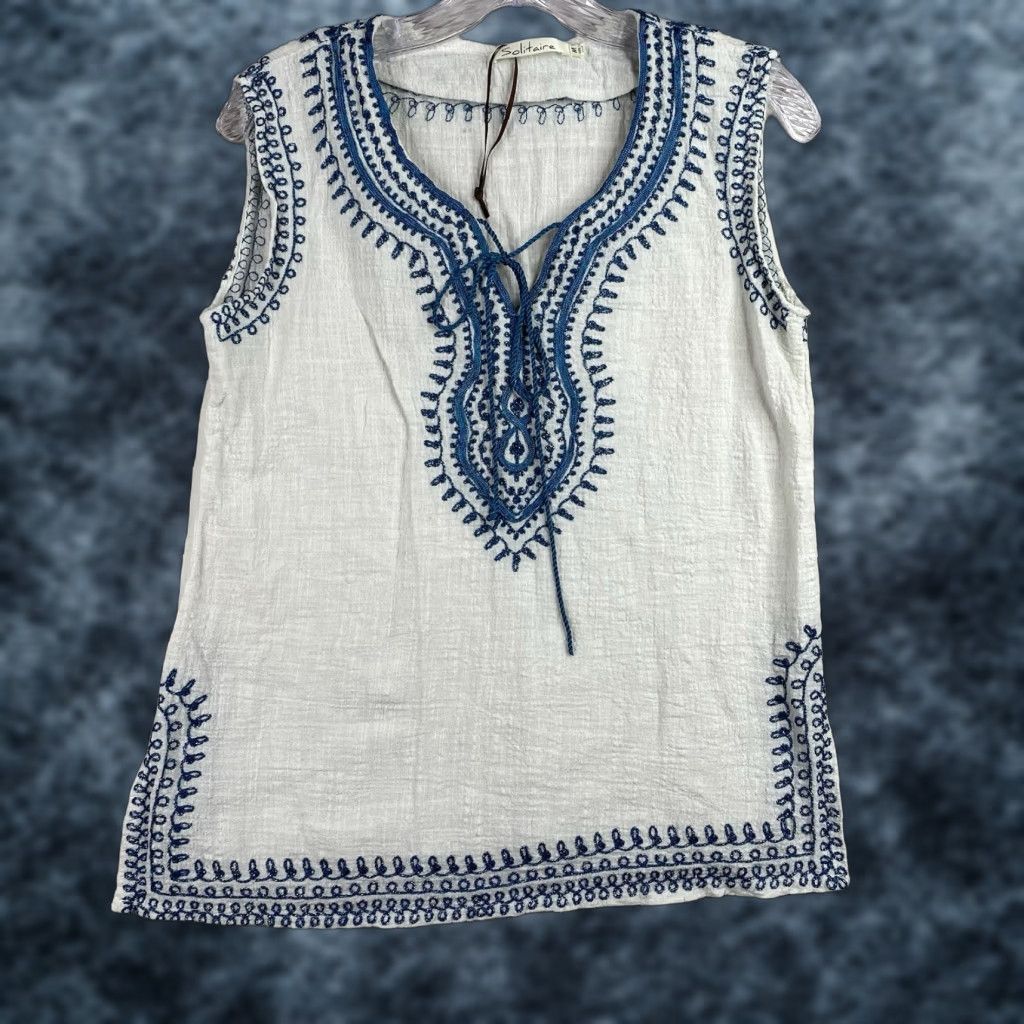 Vintage Solitaire Womens Top M White Embroidered Boho Tie Neck Sleeveless Chiffon Cotton Casual Shirt Size M / US 6-8 / IT 42-44 - 1 Thumbnail
