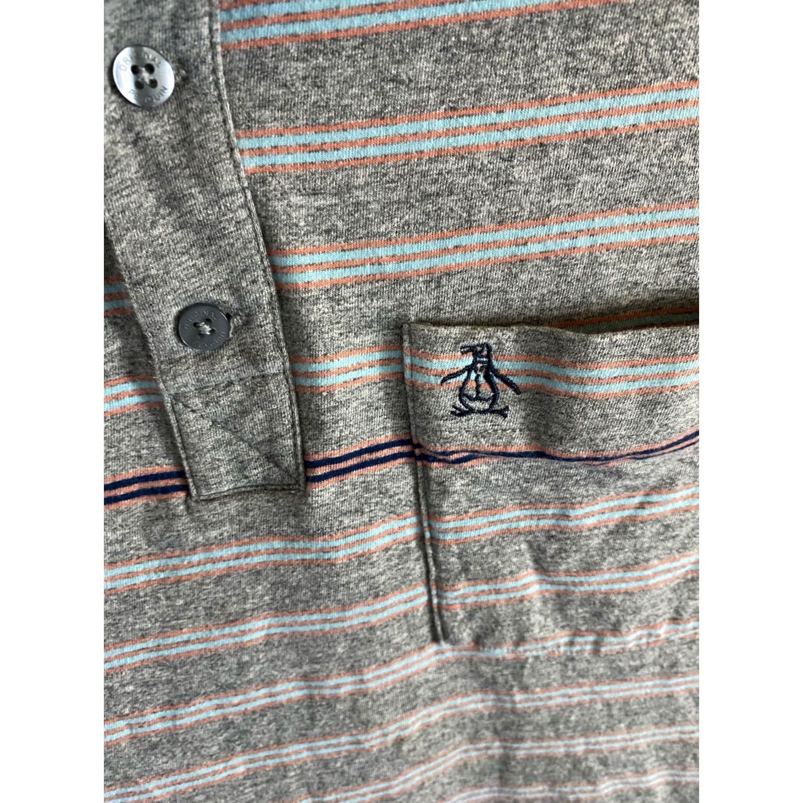 Vintage Penguin Polo Shirt Mens L Gray Tangerine Stripe Pocket Classic Fit Size US L / EU 52-54 / 3 - 4 Thumbnail